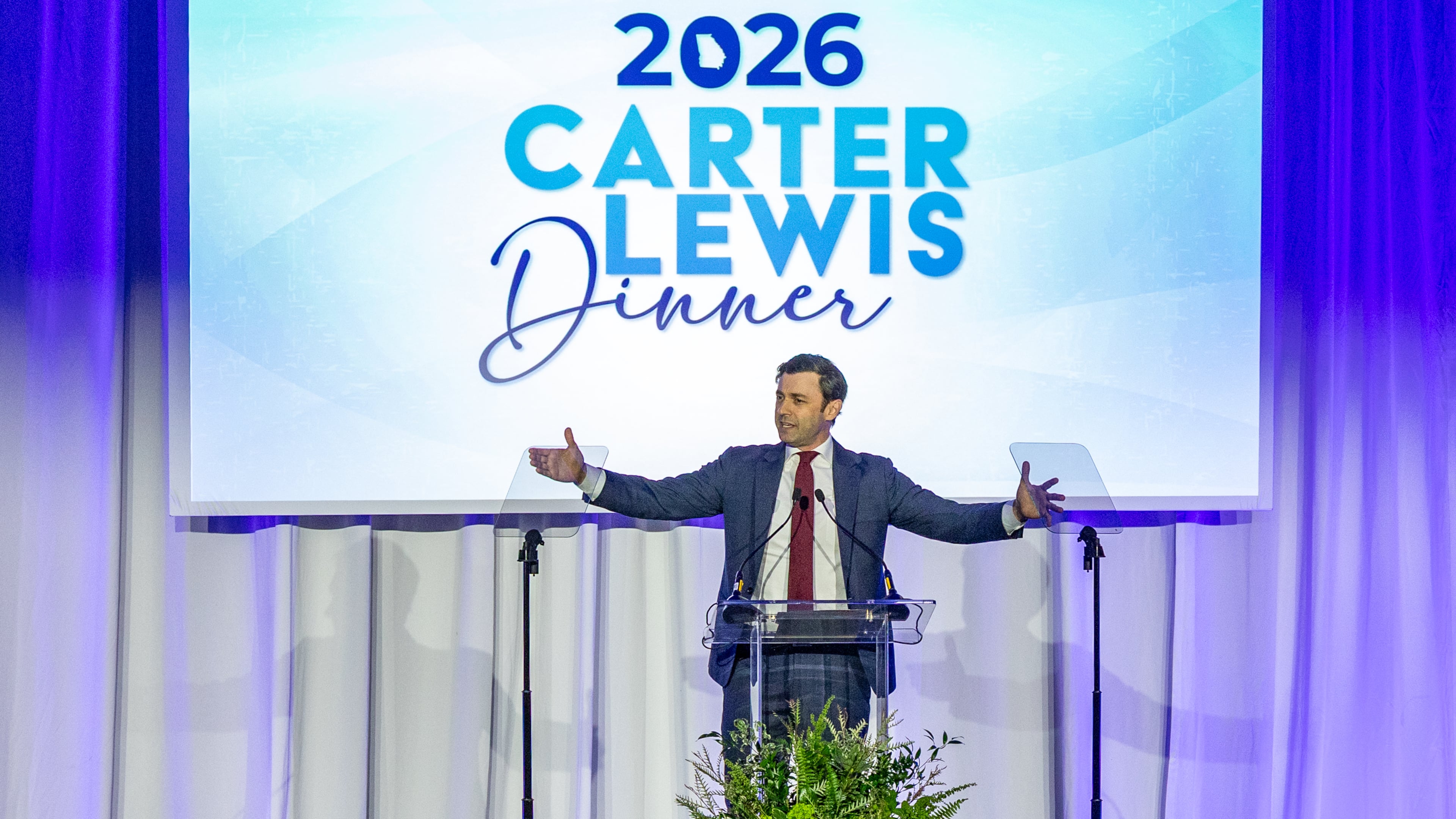 U.S. Sen. Jon Ossoff speaks at the Carter-Lewis dinner, a Democratic fundraiser held at the Atlanta Marriott Marquis on Saturday, April 11, 2026. (Jenni Girtman for the AJC)