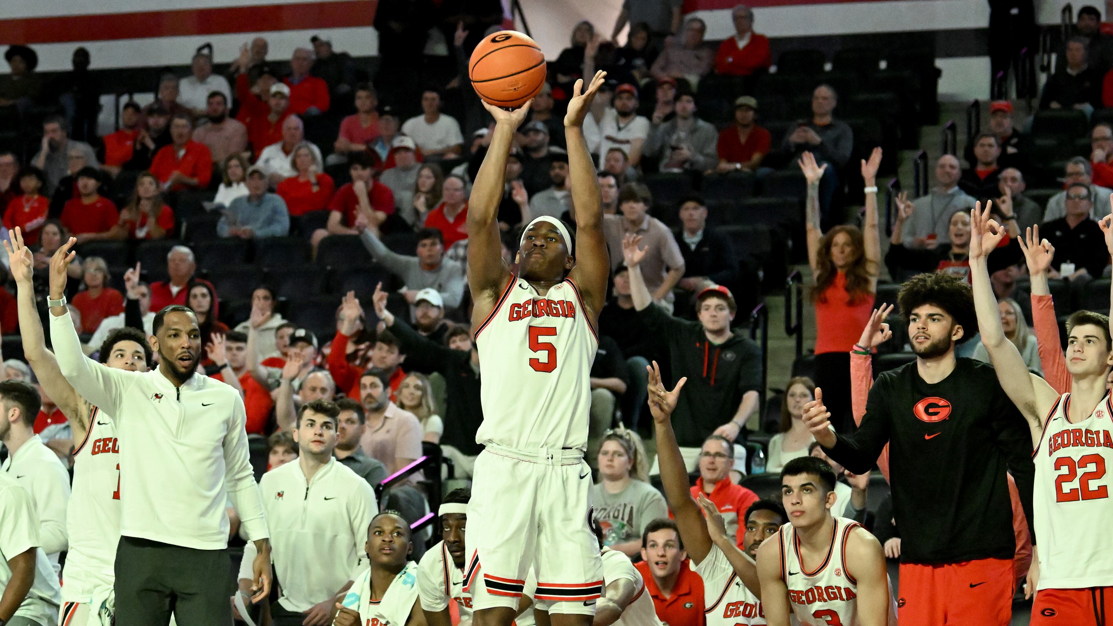 Georgia guard Silas Demary Jr. (5) gets off a shot during the second half of an NCAA college basketball game at Stegeman Coliseum, Wednesday, February 5, 2025, in Athens. Georgia won 81-62 over LSU. (Hyosub Shin / AJC)