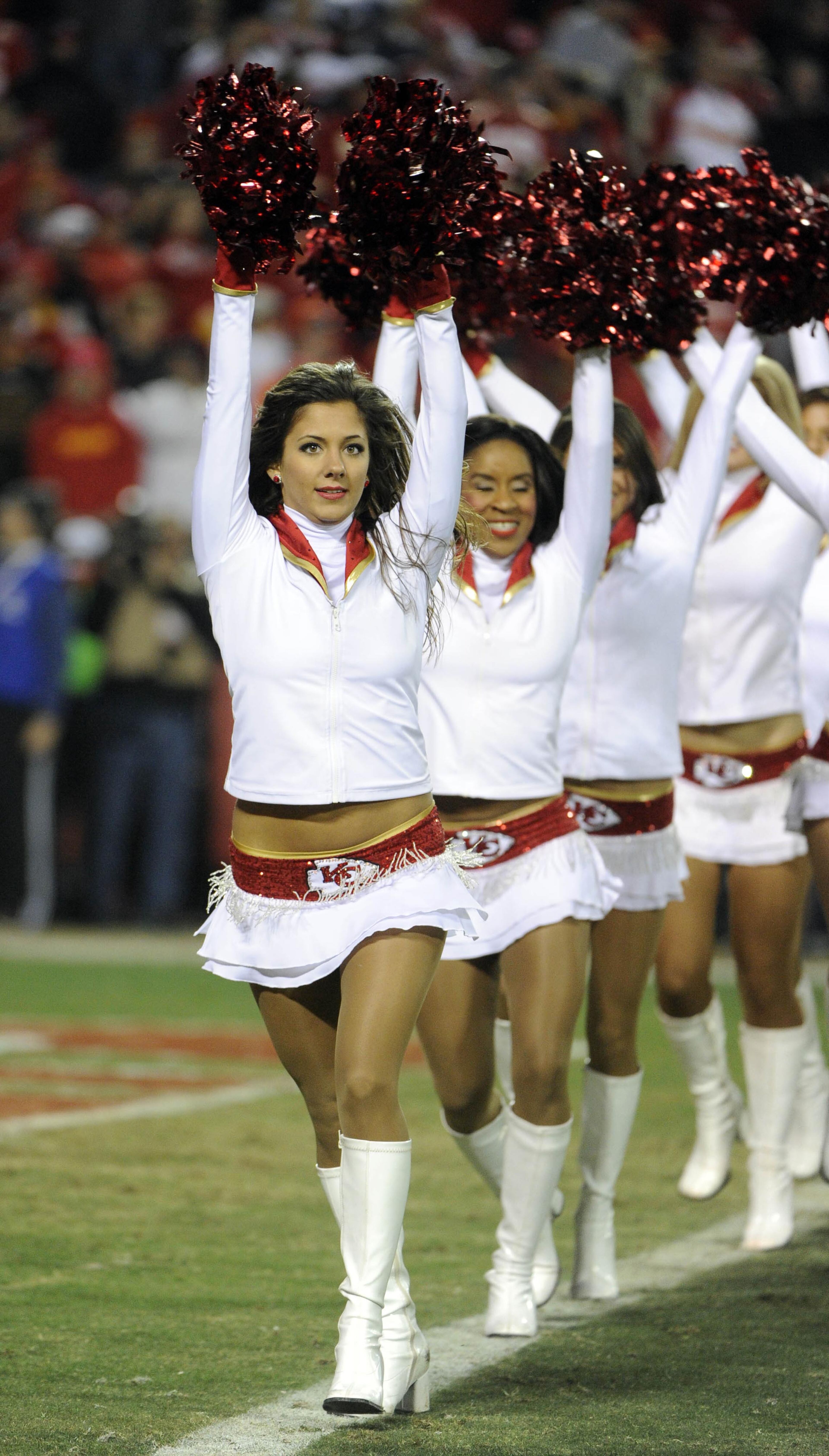 Kansas City Chiefs cheerleaders perform against the Denver Broncos in the second half at Arrowhead Stadium on Dec. 1, 2013. Denver won the game 35-28.