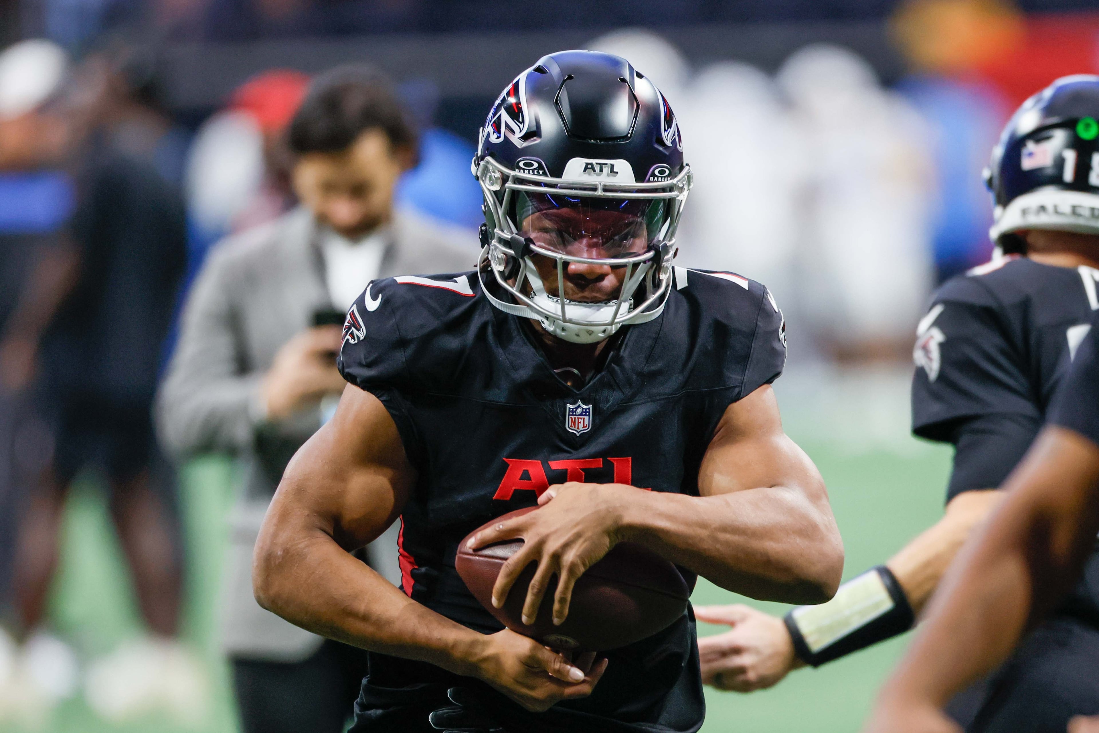 Atlanta Falcons running back Bijan Robinson runs with the ball during warm-ups before taking on the Los Angeles Chargers on Sunday, Dec. 1, 2024, at Mercedes-Benz Stadium in Atlanta.Â
(Miguel Martinez/ AJC)