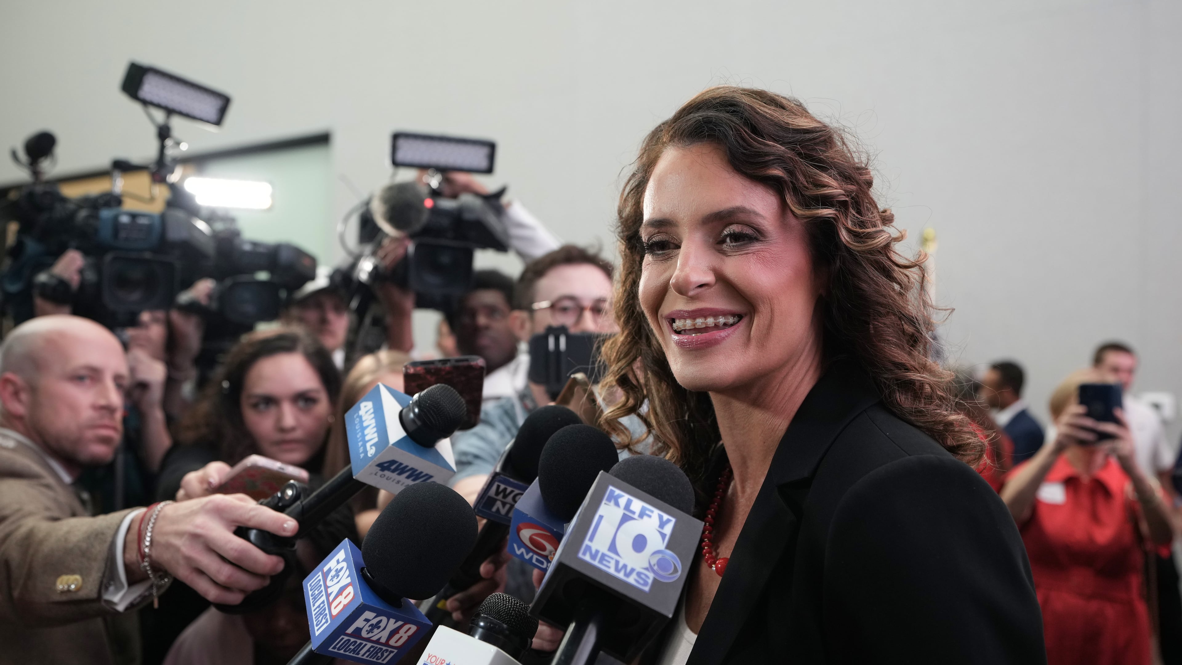 U.S. Senate candidate Rep. Julia Letlow, R-La., speaks to media during an election night watch party Saturday, May 16, 2026, in Baton Rouge, La. (AP Photo/Matthew Hinton)