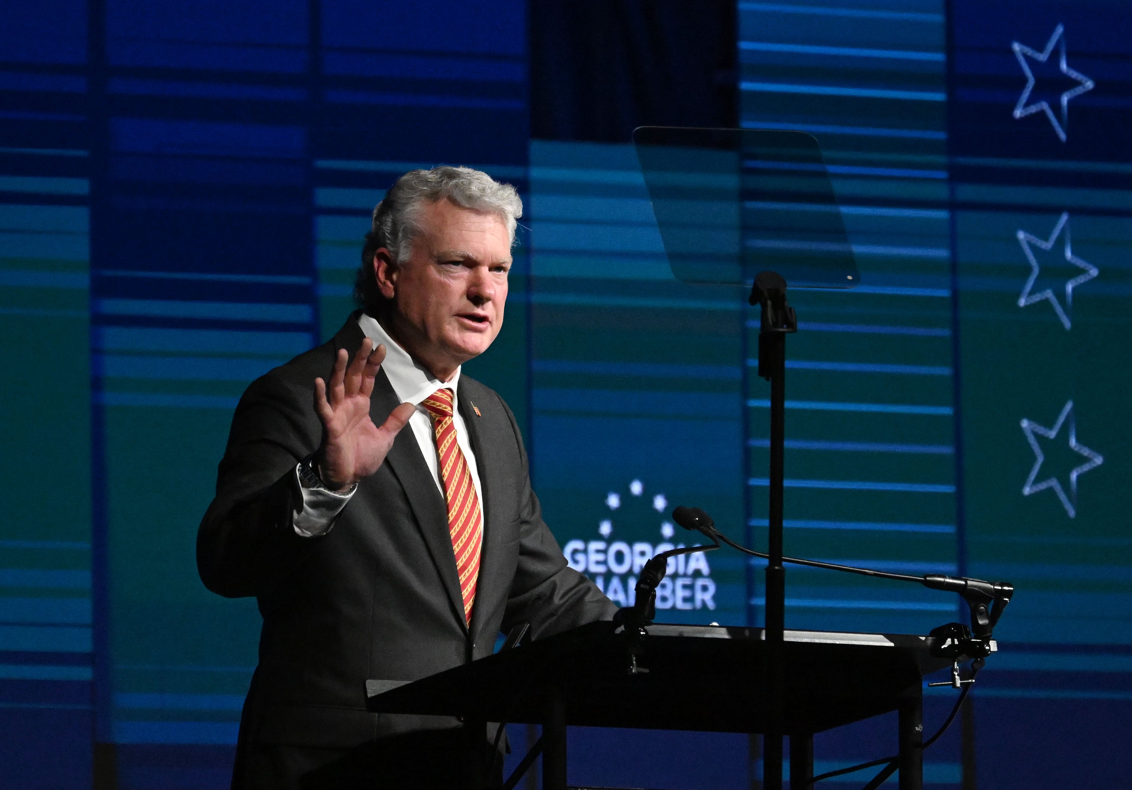 U.S. Rep. Mike Collins speaks during Wednesday's Georgia Chamber Congressional Luncheon in Athens. (Hyosub Shin/AJC)