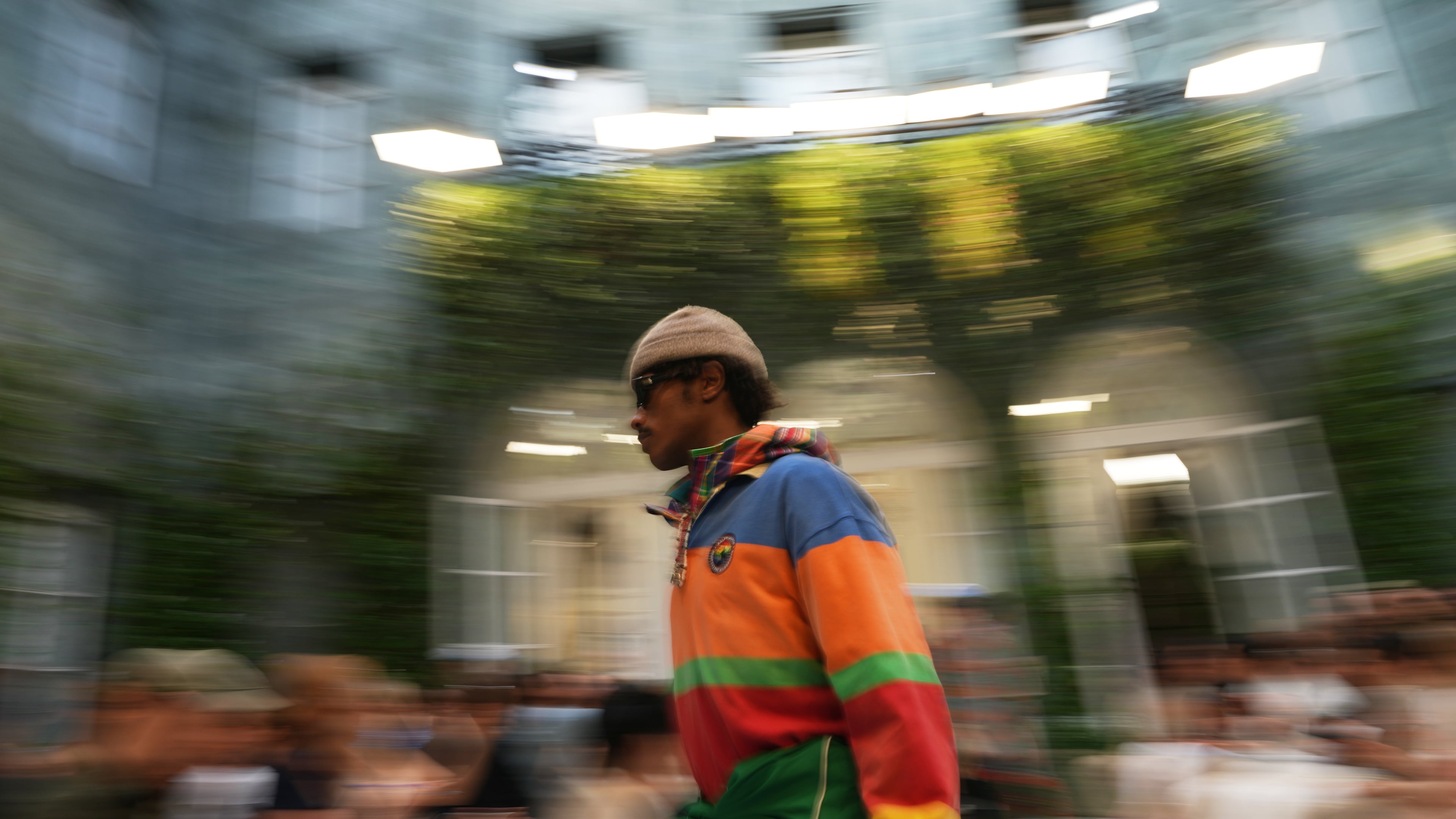 A model wears a creation as part of the Ralph Lauren Spring/Summer 2027 men's collection presented in Milan, Italy, Friday, June 19, 2026. (AP Photo/Antonio Calanni)