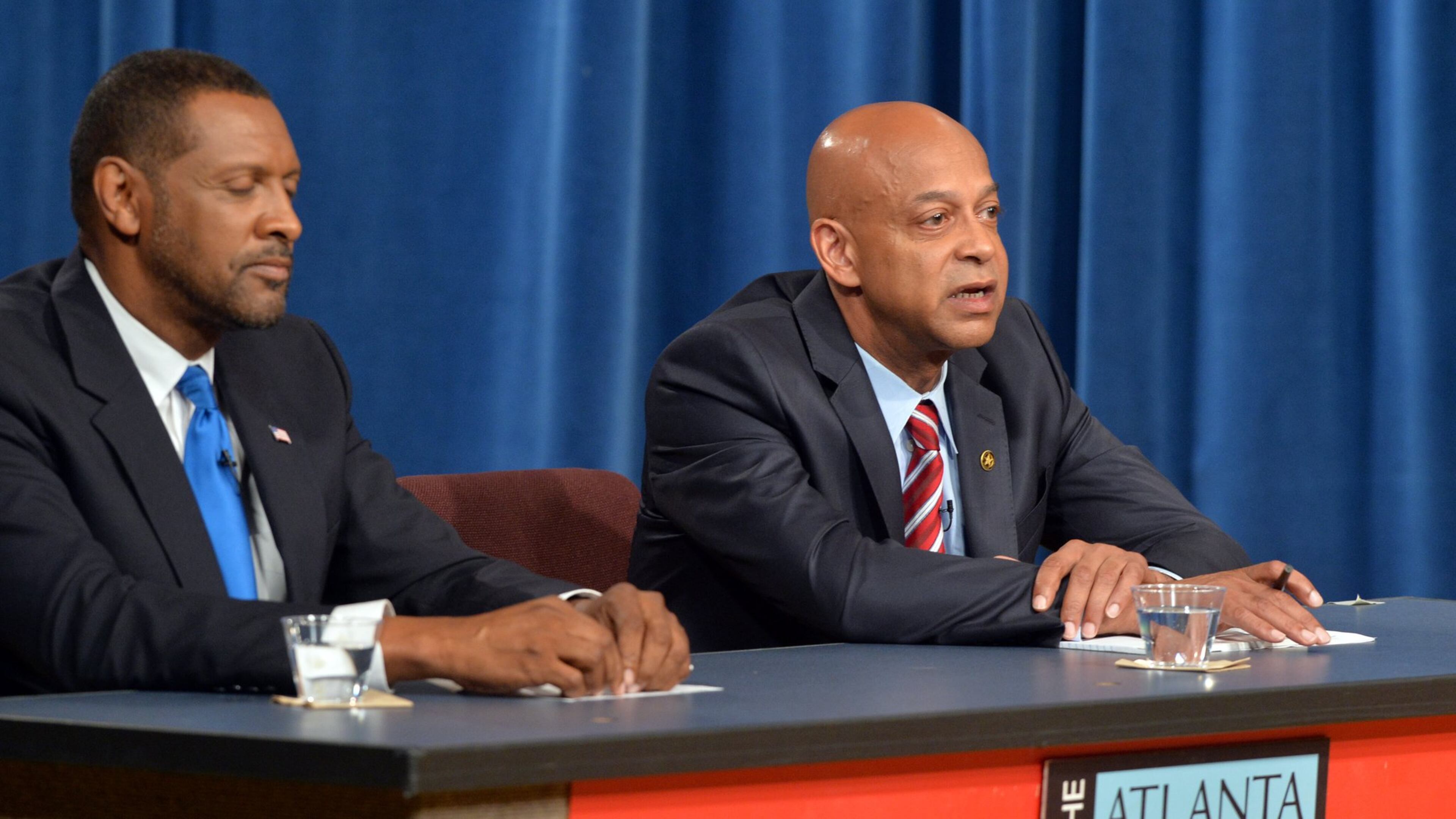 Vernon Jones (left) and Dekalb Sheriff Jeff Mann square off in a debate at the PBA 30 studios on July 10. DeKalb’s former CEO, Jones, is trying to regain power by unseating Sheriff Jeff Mann, a career insider who rose through the ranks. They’ll face off July 22 in the special election to run the DeKalb County Sheriff’s Office. KDJOHNSON/KDJOHNSON@AJC.COM
