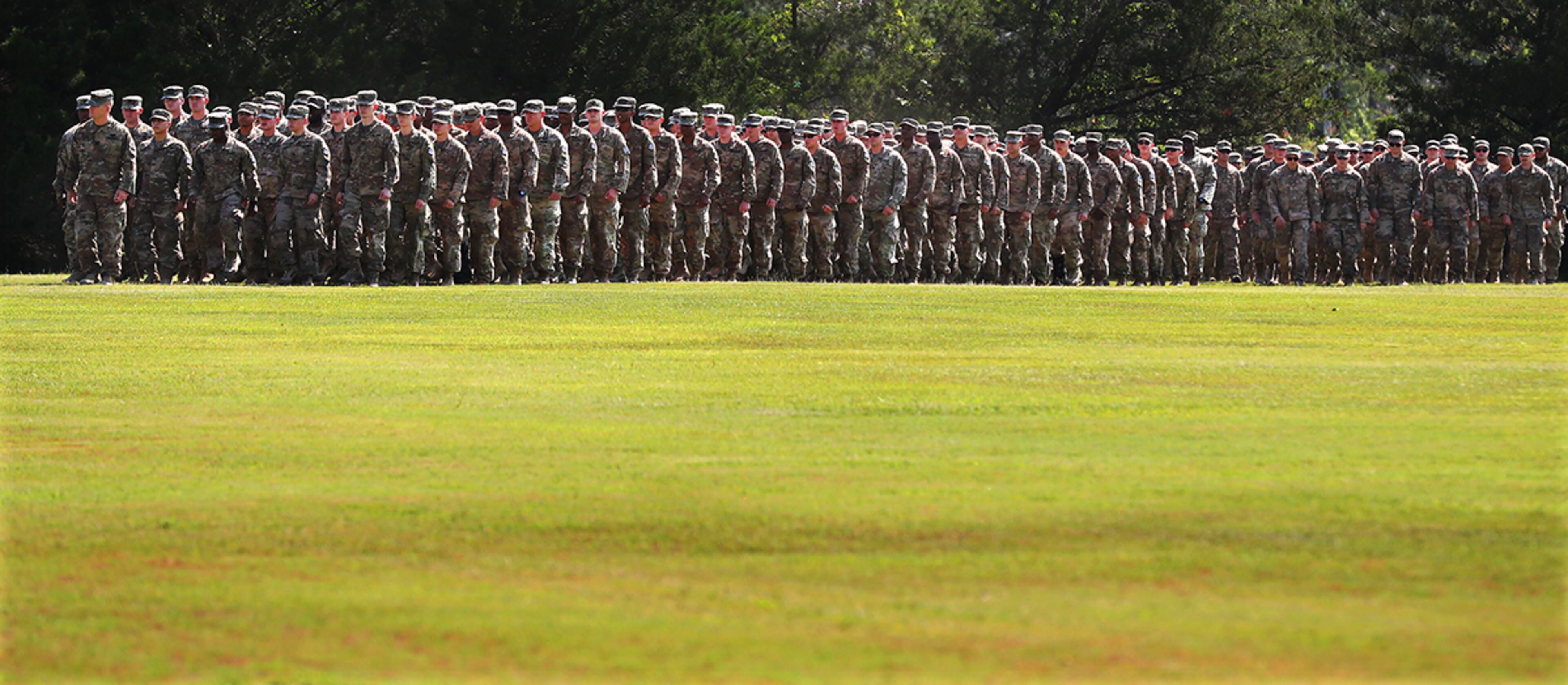 July 30, 2019 Fort Stewart: Soldiers of the 48th Infantry Brigade Combat Team representing units from across the state march across Cottrell Field as they return home from deployment to Afghanistan in support of Operation Resolute Support on Tuesday, July 30, 2019, at Fort Stewart. Curtis Compton/ccompton@ajc.com