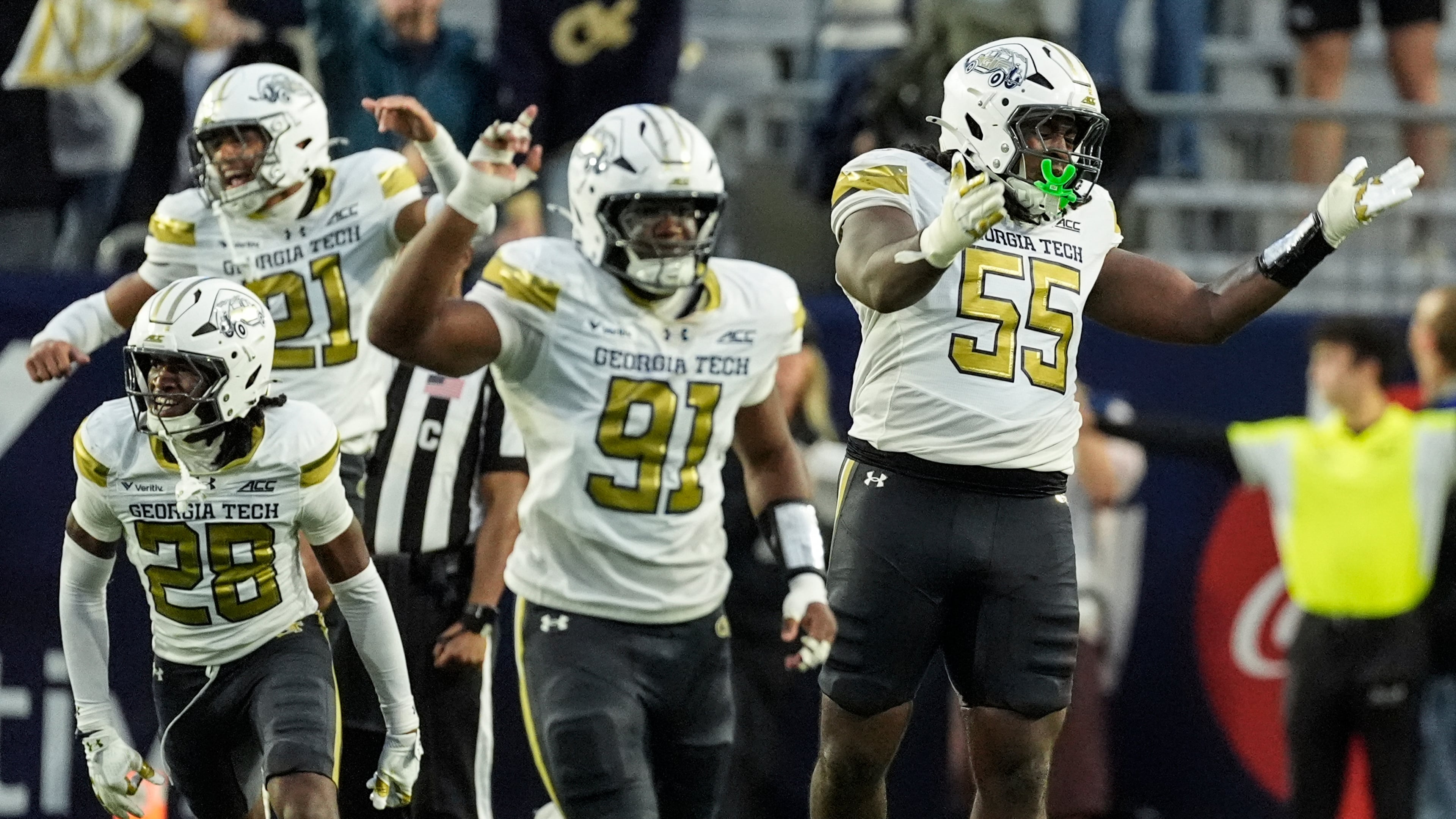 Georgia Tech players celebrate a missed Duke field goal in the last seconds of the second half of an NCAA college football game, Saturday, Oct. 10, 2026, in Atlanta. (Mike Stewart/AP)
