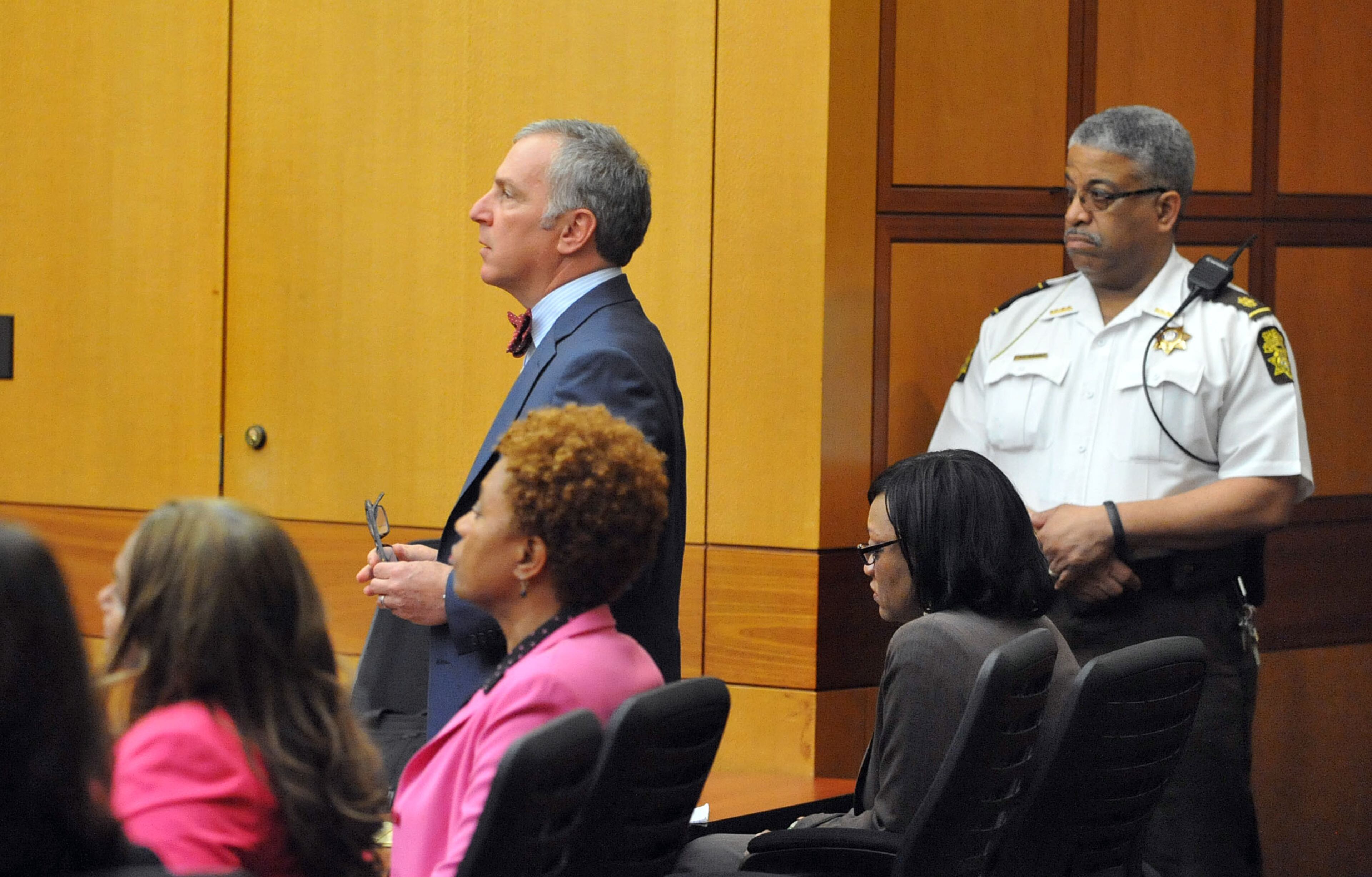 Defense attorney Robert Rubin raises an objection to his client, former APS Dobbs Elementary principal Dana Evans, being led to a detention cell following her conviction. A jury of six men and six women render convicted 11 of 12 defendants on RICO and other assorted charges on their eighth day of deliberations in the Atlanta Public Schools test-cheating trial on Wednesday, April 1, 2015. Jurors sorted through roughly five months of testimony against 12 former educators accused of engaging in a racketeering conspiracy to inflate test scores. (Atlanta Journal-Constitution, Kent D. Johnson, Pool)