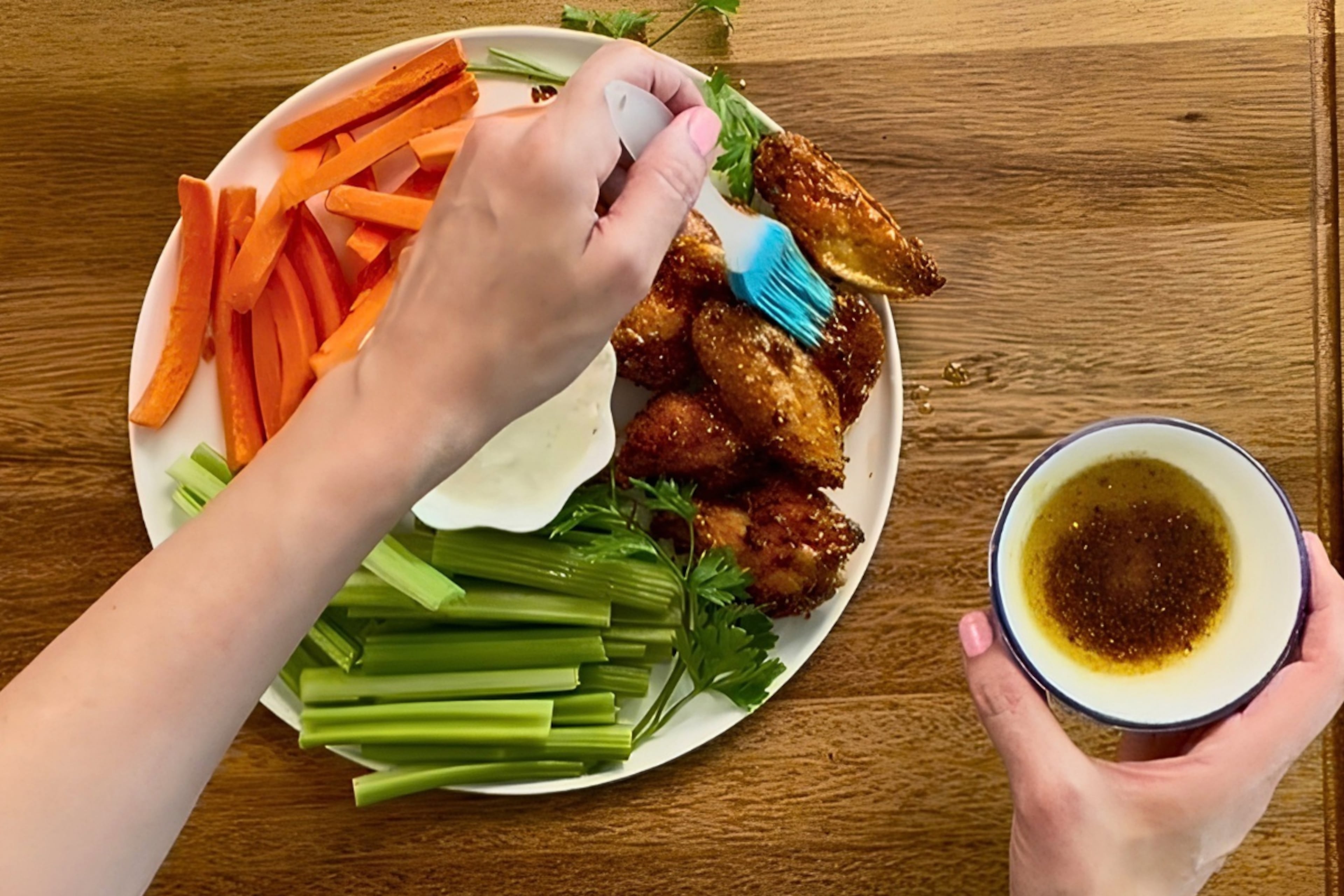 For a smaller batch of wings, brush lemon pepper wet sauce on each wing, just before serving. For a bigger batch, dress the sides of a bowl with the sauce and toss the wings in it. Serve immediately.