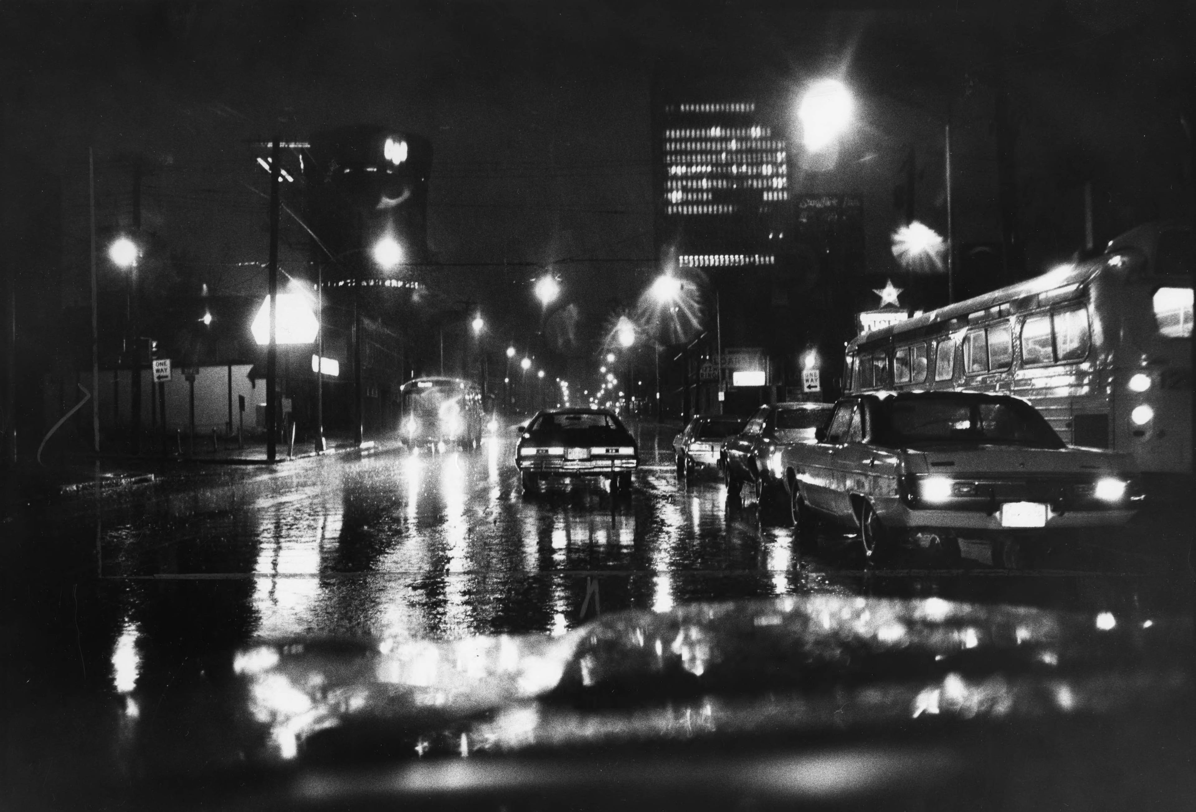Downtown street at night and in the rain, Atlanta, Georgia, January 27, 1976. Bill Mahan/AJC