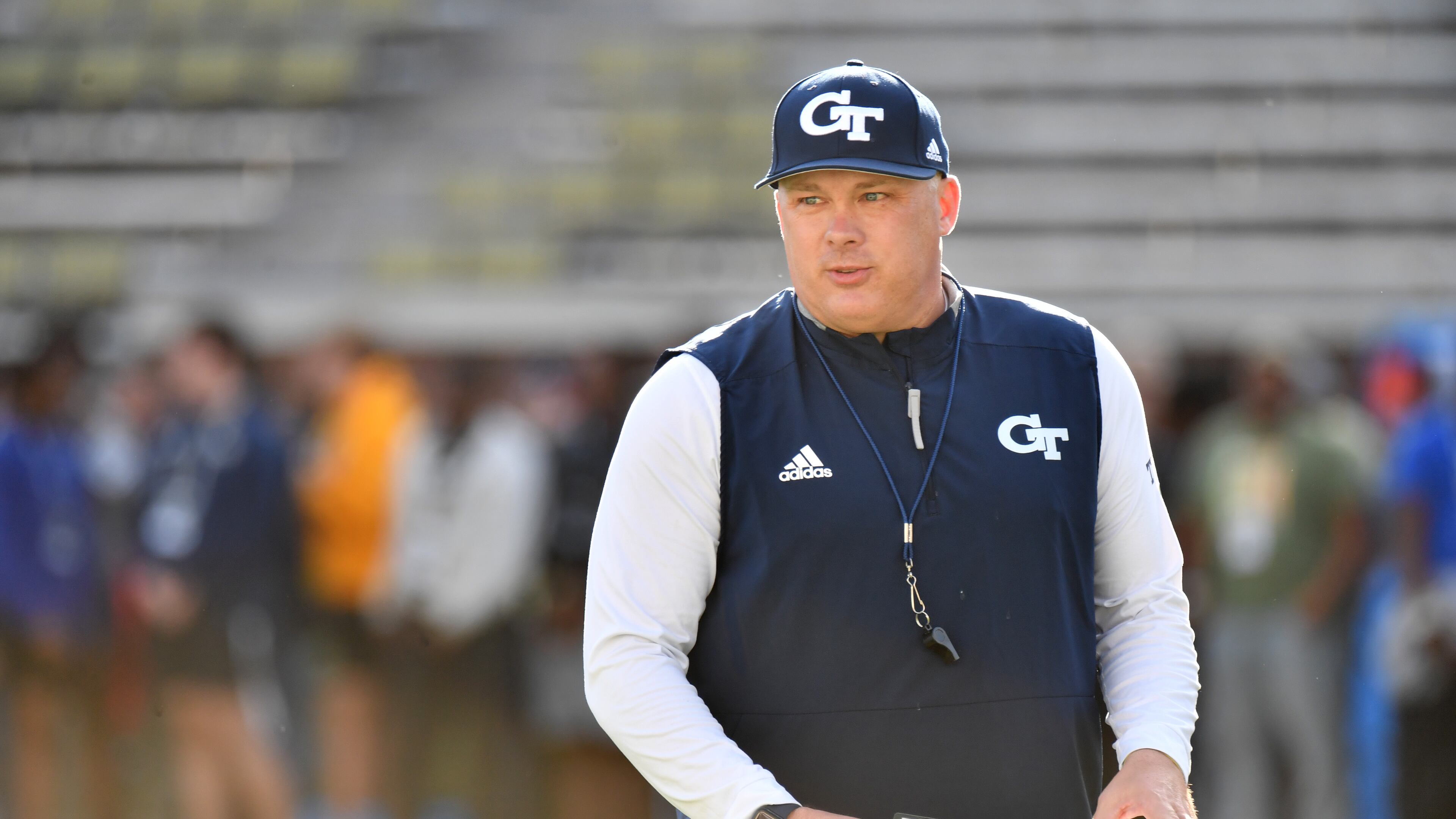 Georgia Tech coach Geoff Collins instructs during the 2022 Tech spring game at Georgia Tech's Bobby Dodd Stadium in Atlanta on Thursday, March 17, 2022. (Hyosub Shin / Hyosub.Shin@ajc.com)