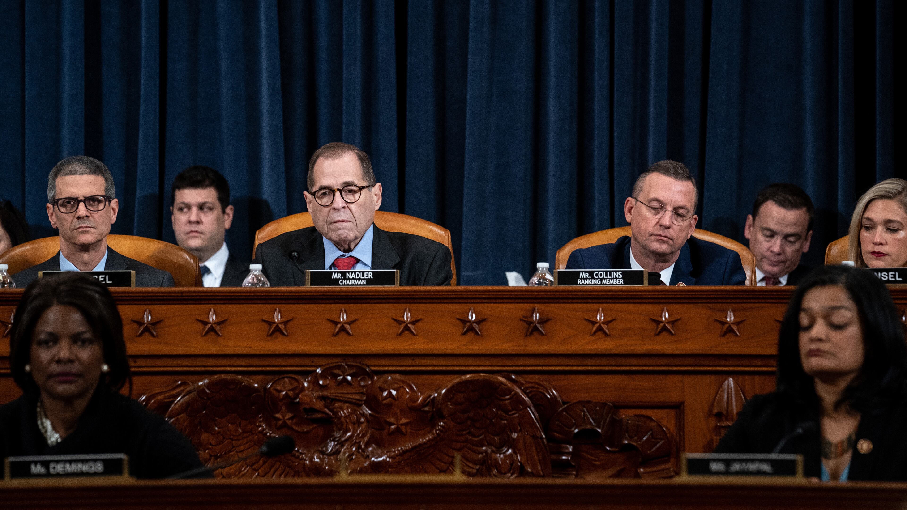 House Judiciary Committee Chairman Jerrold Nadler (D-N.Y.) and ranking member Doug Collins (R-Ga.) at a House Judiciary Committee markup vote on the articles of impeachment against President Donald Trump in Washington, on Friday, Dec. 13, 2019. The House Judiciary Committee voted over Republican objections to advance two articles of impeachment accusing President Trump of abuse of power and obstruction of Congress. (Erin Schaff/The New York Times)