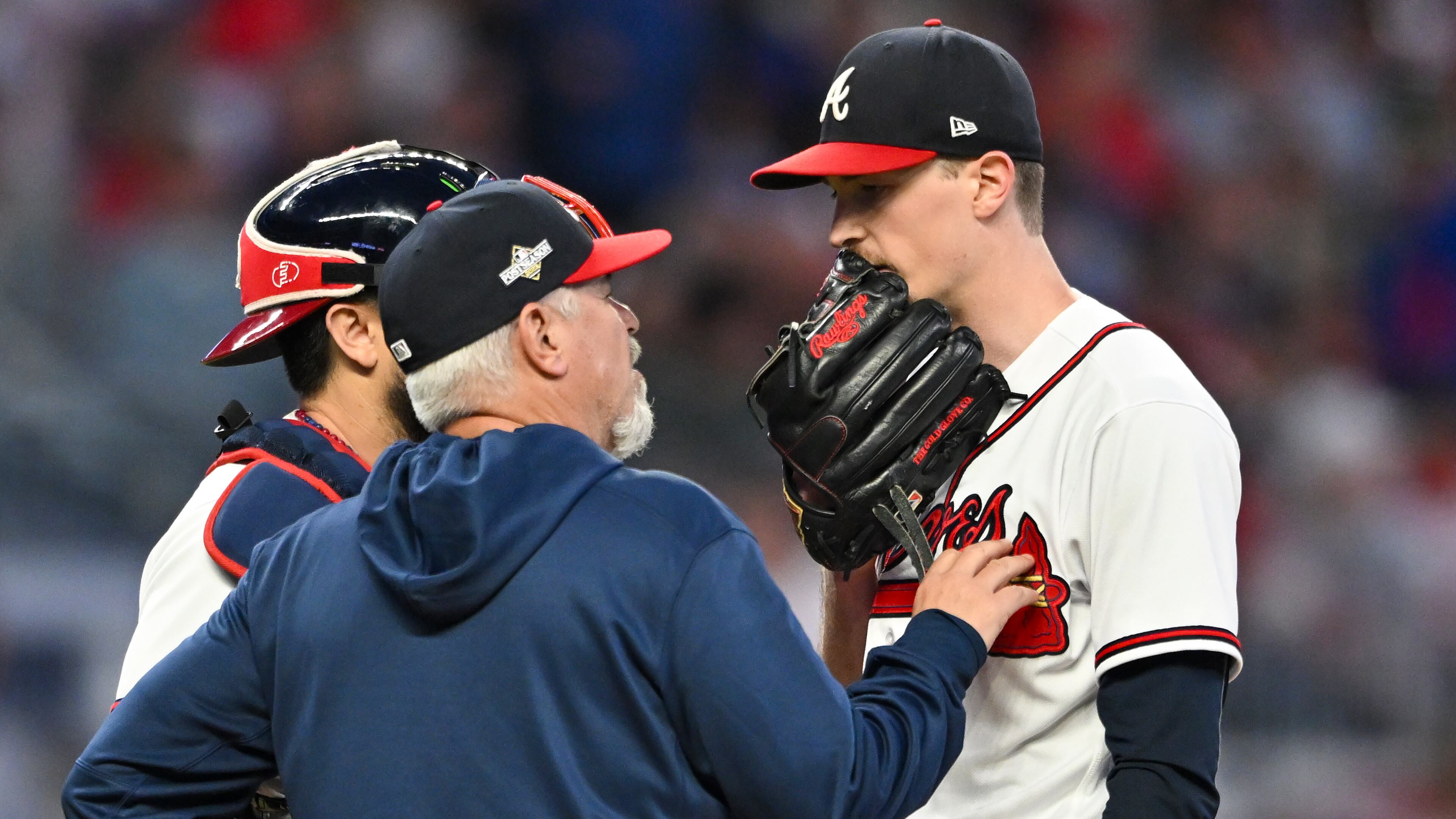 Atlanta Braves starting pitcher Max Fried (54) and Atlanta Braves pitching coach Rick Kranitz (39) talk during the fourth inning of NLDS Game 2 against the Philadelphia Phillies in Atlanta on Monday, Oct. 9, 2023. (Hyosub Shin / Hyosub.Shin@ajc.com)