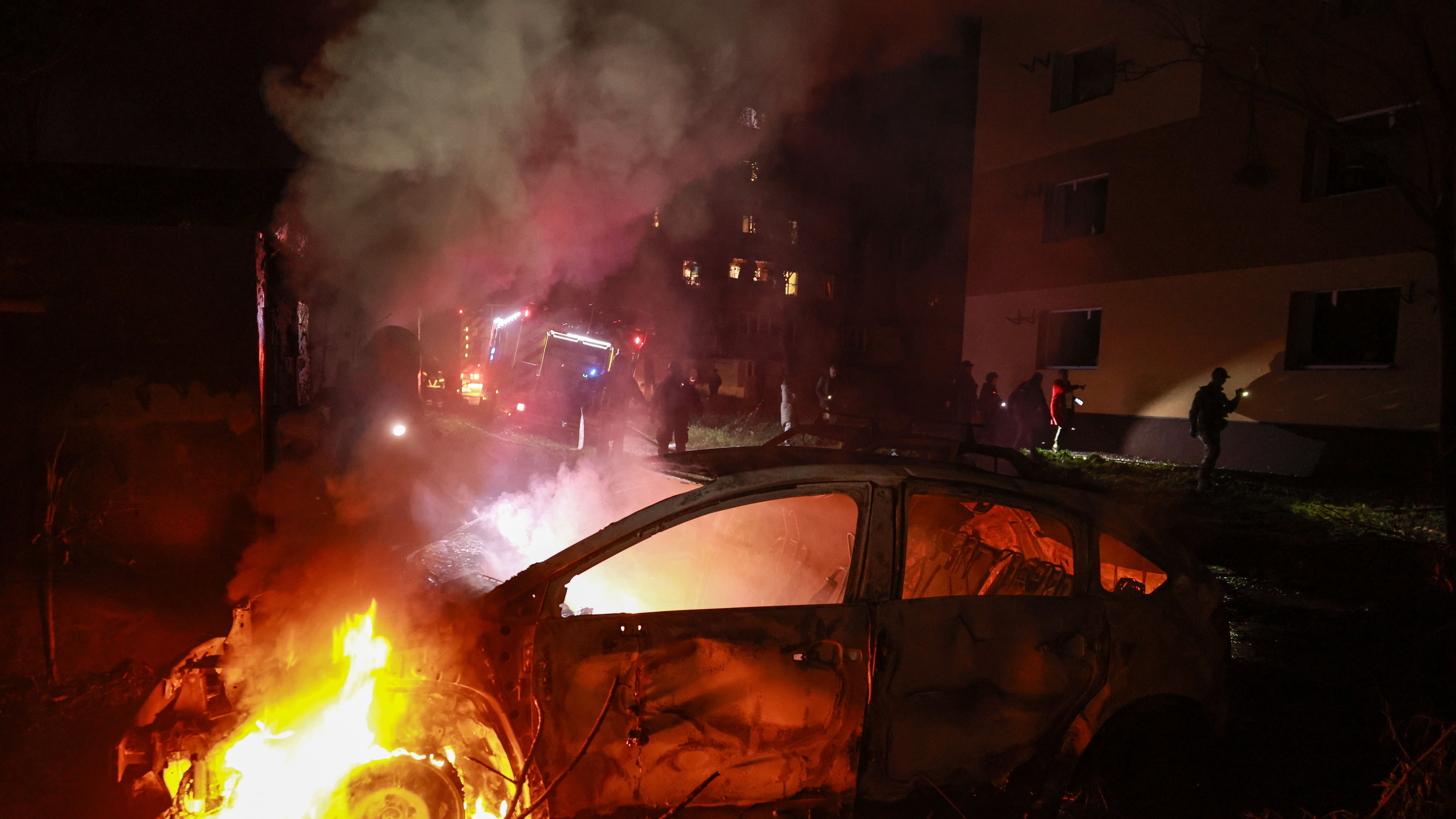 A car burns after a Russian airstrike on a residential neighborhood in Zaporizhzhia, Ukraine, Saturday, Oct. 17, 2026. (AP Photo/Kateryna Klochko)