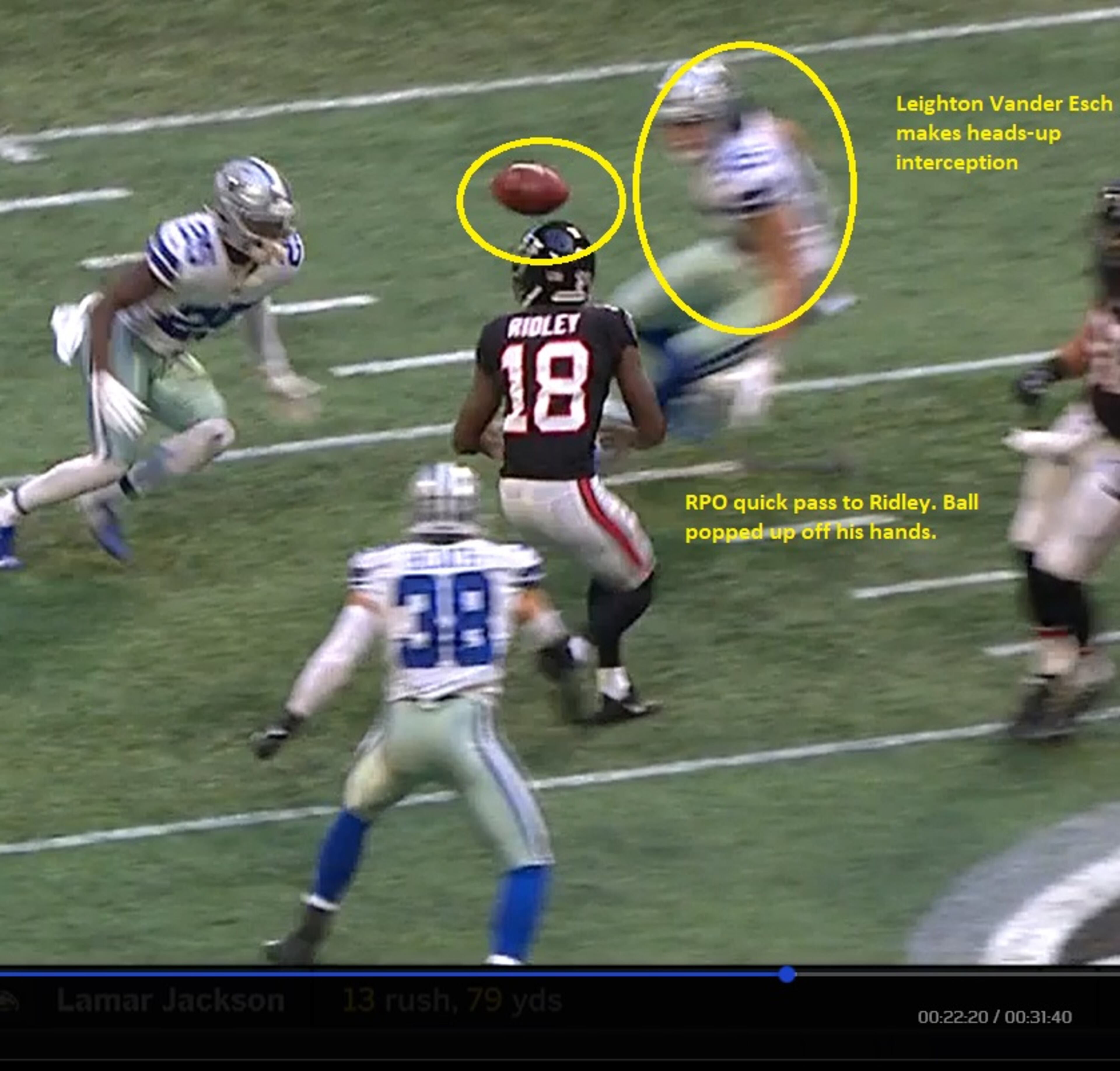 Falcons wide receiver Calvin Ridley bobbles a pass thrown off a read-pass-option play.