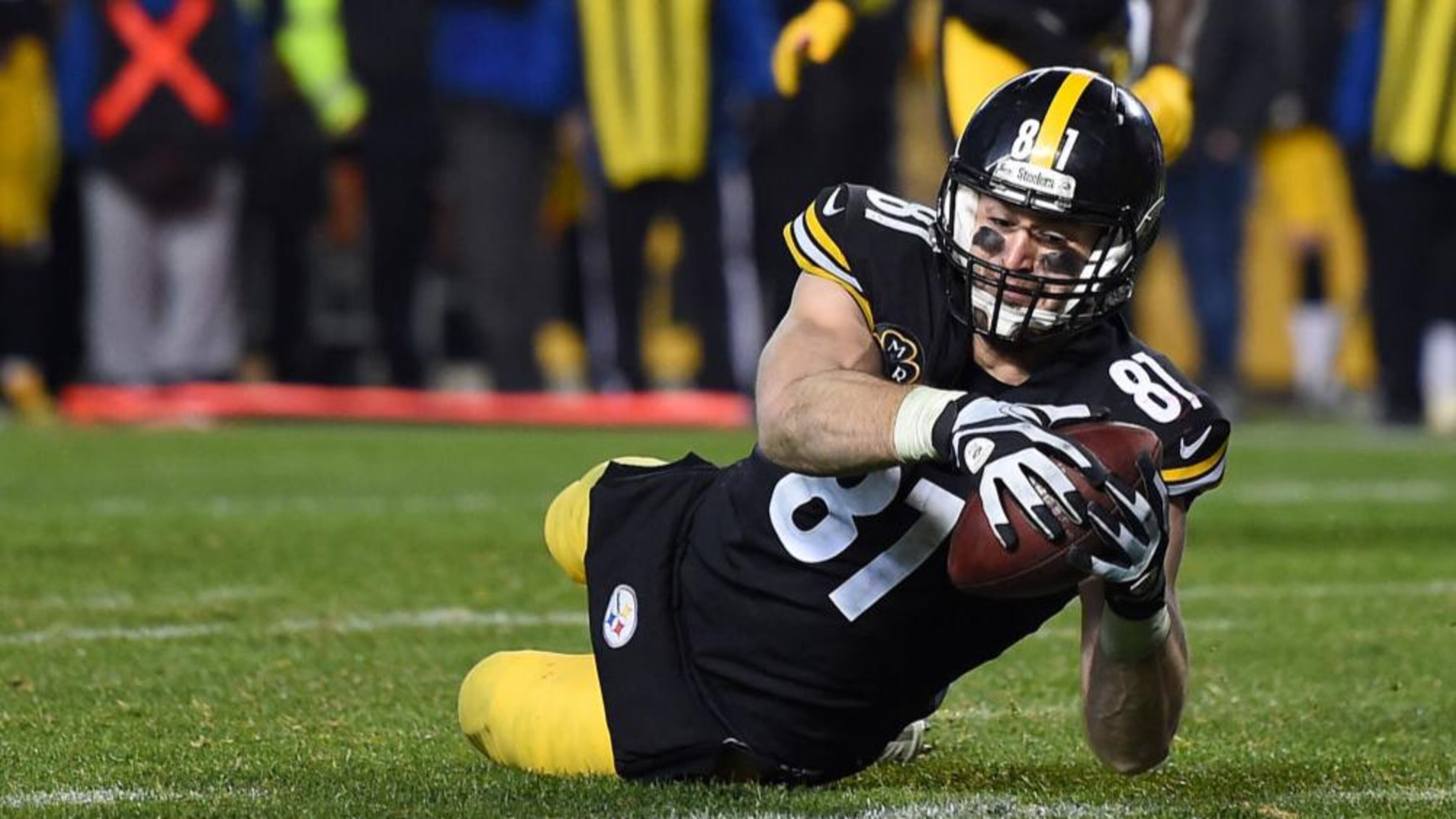 Jesse James dives for the end zone for an apparent touchdown in the fourth quarter against New England last December, but the reception was ruled incomplete after a video review by officials.