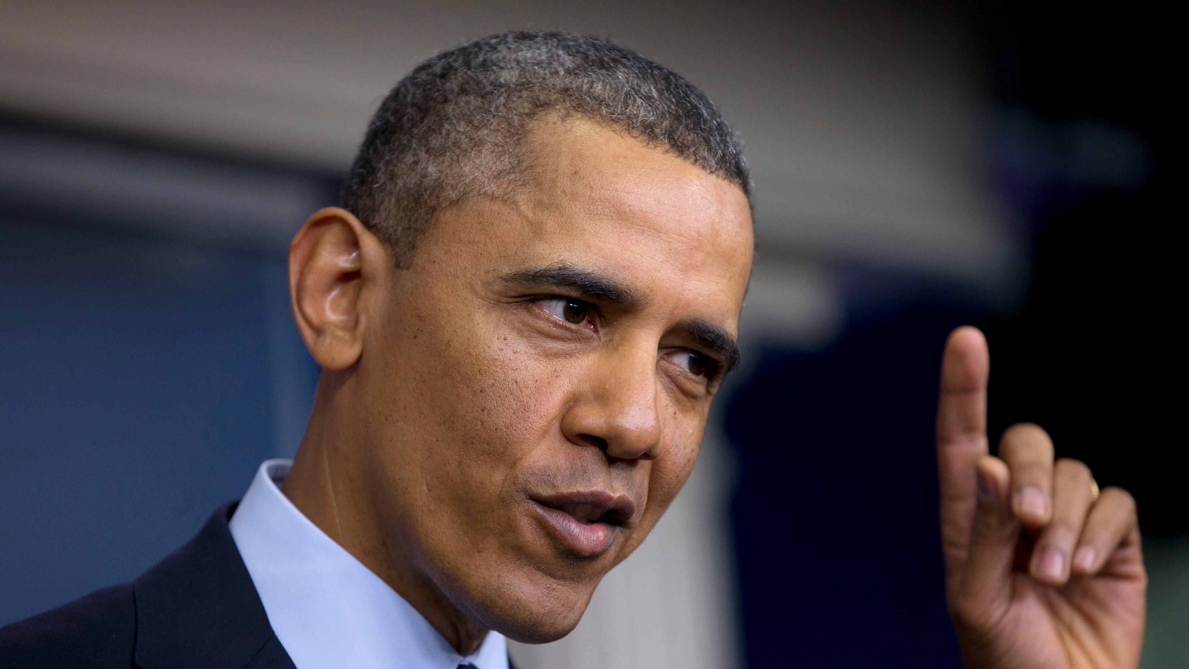 President Barack Obama gestures as he speaks to reporters in the White House briefing room in Washington, Friday, March 1, 2013, following a meeting with congressional leaders regarding the automatic spending cuts. (AP Photo/Carolyn Kaster)