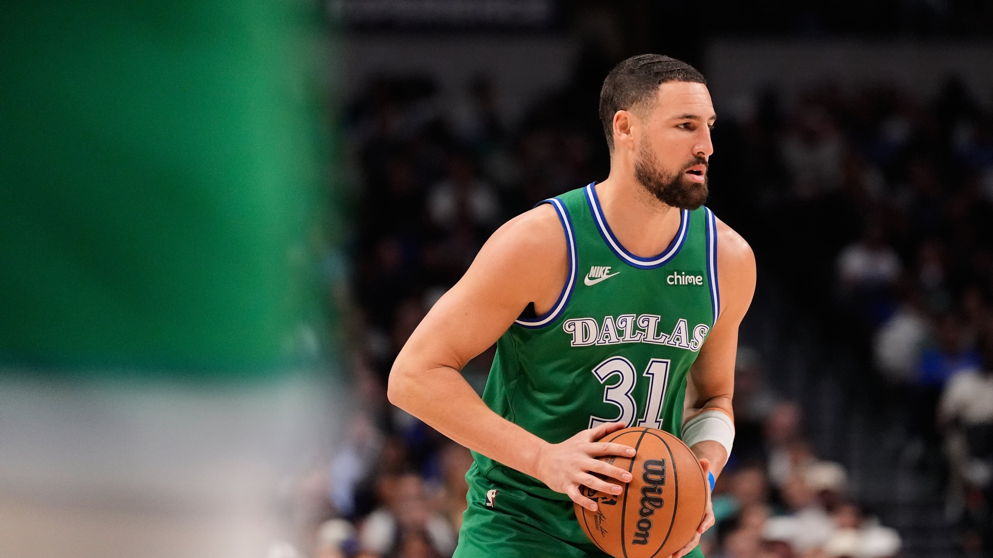 FILE - Dallas Mavericks guard Klay Thompson handles the ball during an NBA basketball game against the Atlanta Hawks in Dallas, March 18, 2026. (AP Photo/Tony Gutierrez, File)