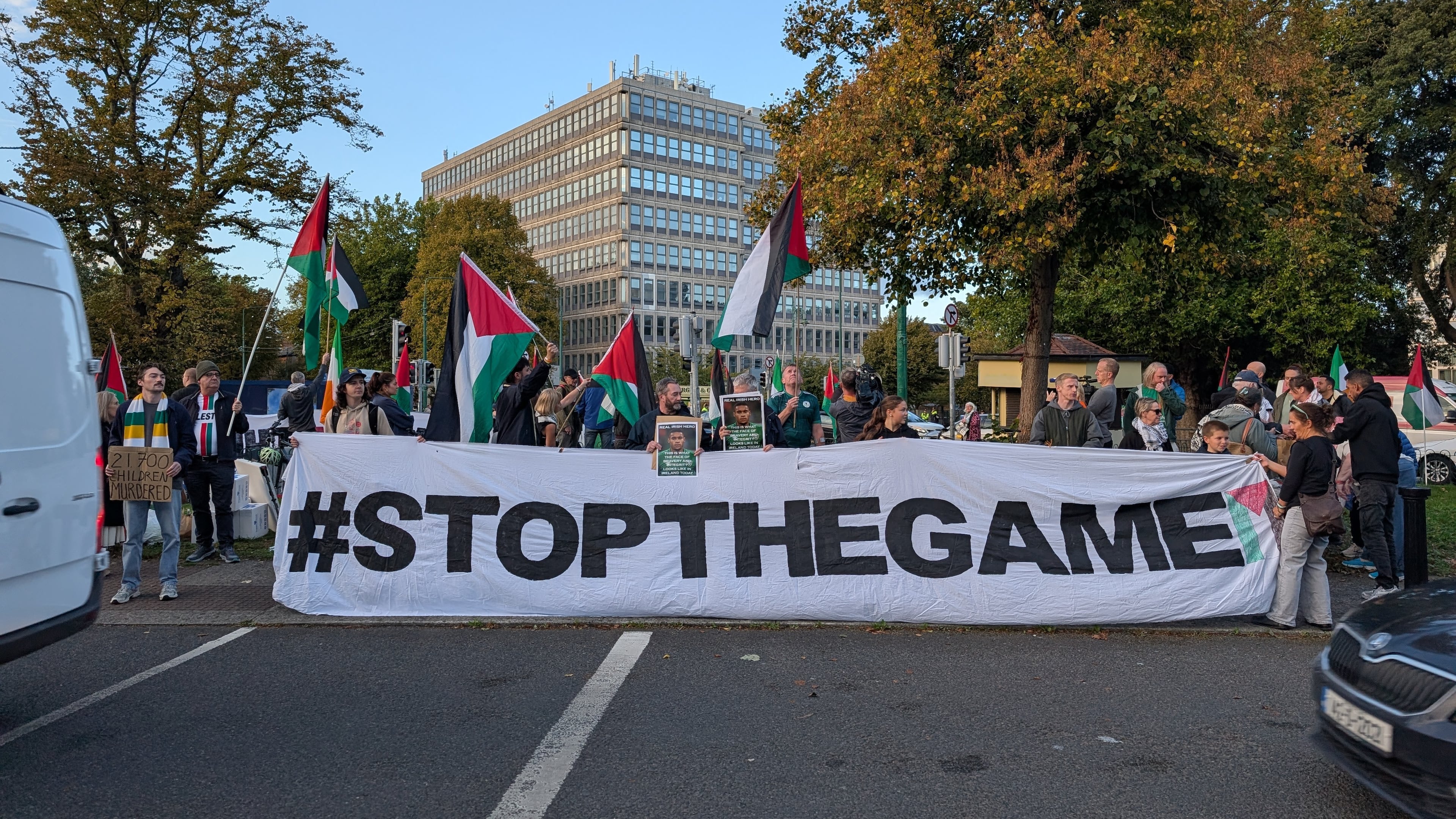 People call on the Football Association of Ireland to boycott Sunday's soccer game against Israel near the Aviva Stadium in Dublin on Thursday, Oct. 1, 2026. (Cillian Sherlock/PA via AP)