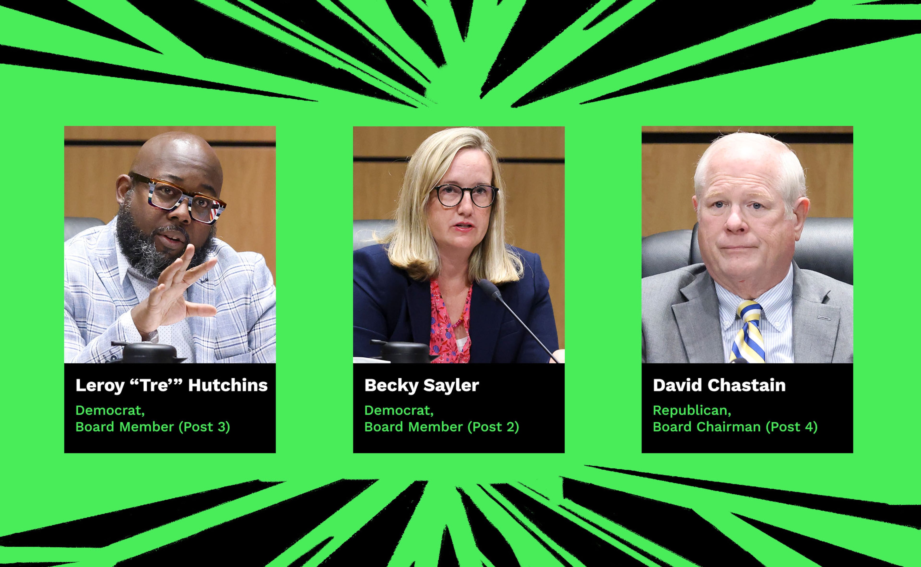 Leroy "Tre'" Hutchins, Becky Sayler and David Chastain are members of the Cobb County school board. In board meetings, Hutchins and Sayler have raised questions about the Servius Group initiative and its cost. Chastain, the board chairman, told the AJC the board "could not be happier" to be working with Servius.