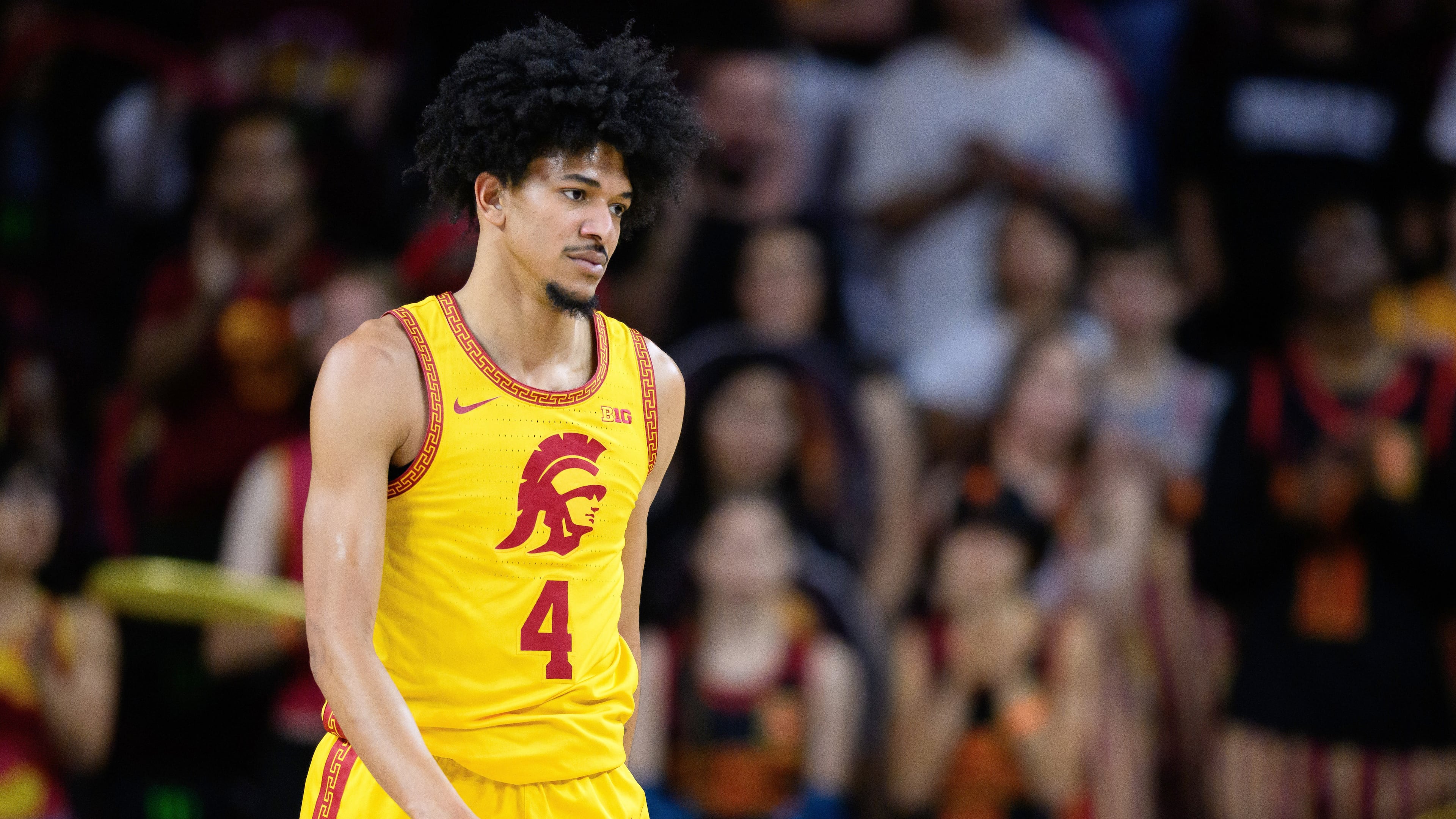 FILE - Southern California forward Chad Baker-Mazara walks on the court during the second half of an NCAA college basketball game against Nebraska, Feb. 28, 2026, in Los Angeles. (AP Photo/William Liang, File)