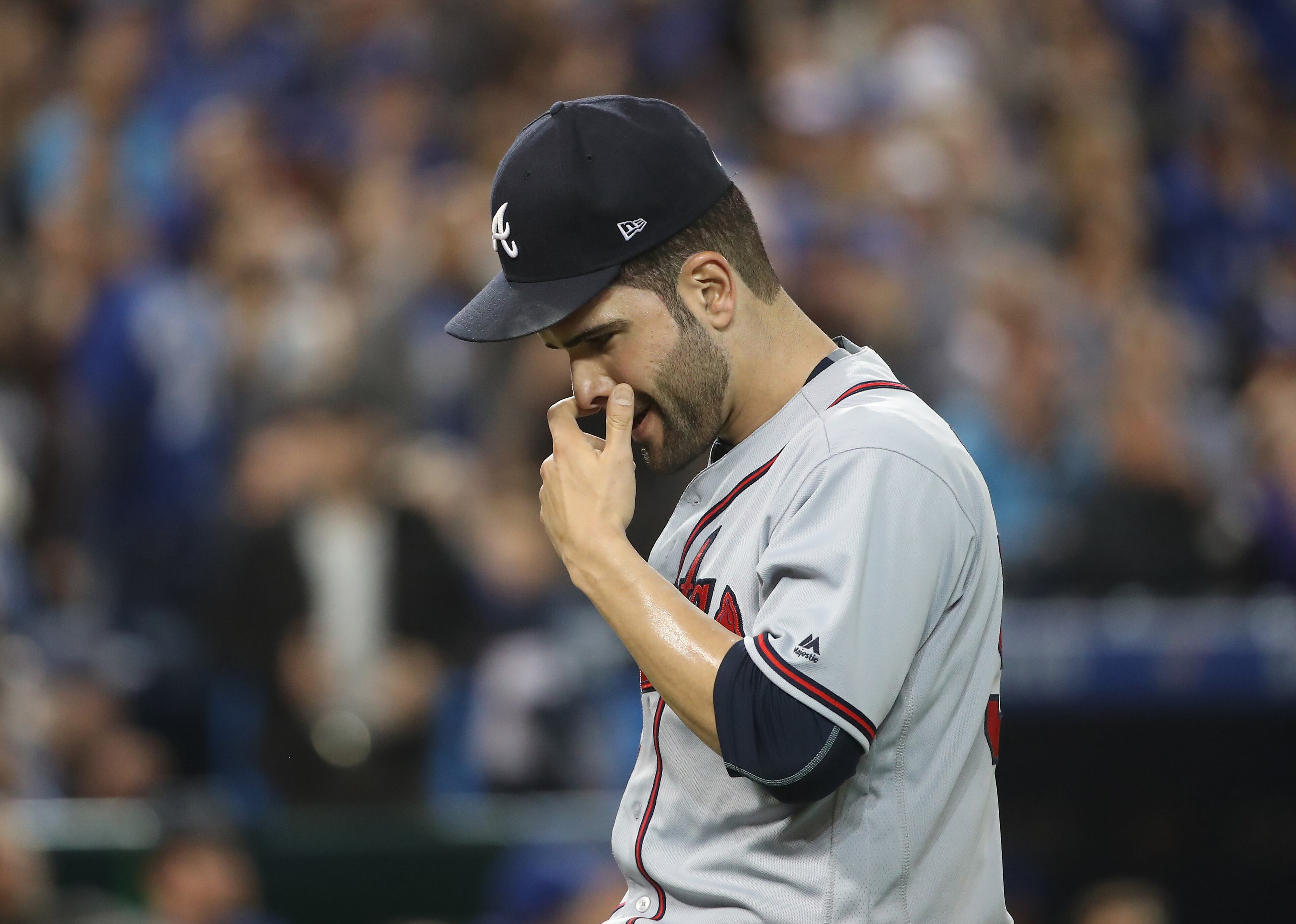 TORONTO, ON - MAY 16: Jaime Garcia #54 of the Atlanta Braves walks off the mound to the dugout after giving up two runs in the fourth inning during MLB game action against the Toronto Blue Jays at Rogers Centre on May 16, 2017 in Toronto, Canada. (Photo by Tom Szczerbowski/Getty Images)