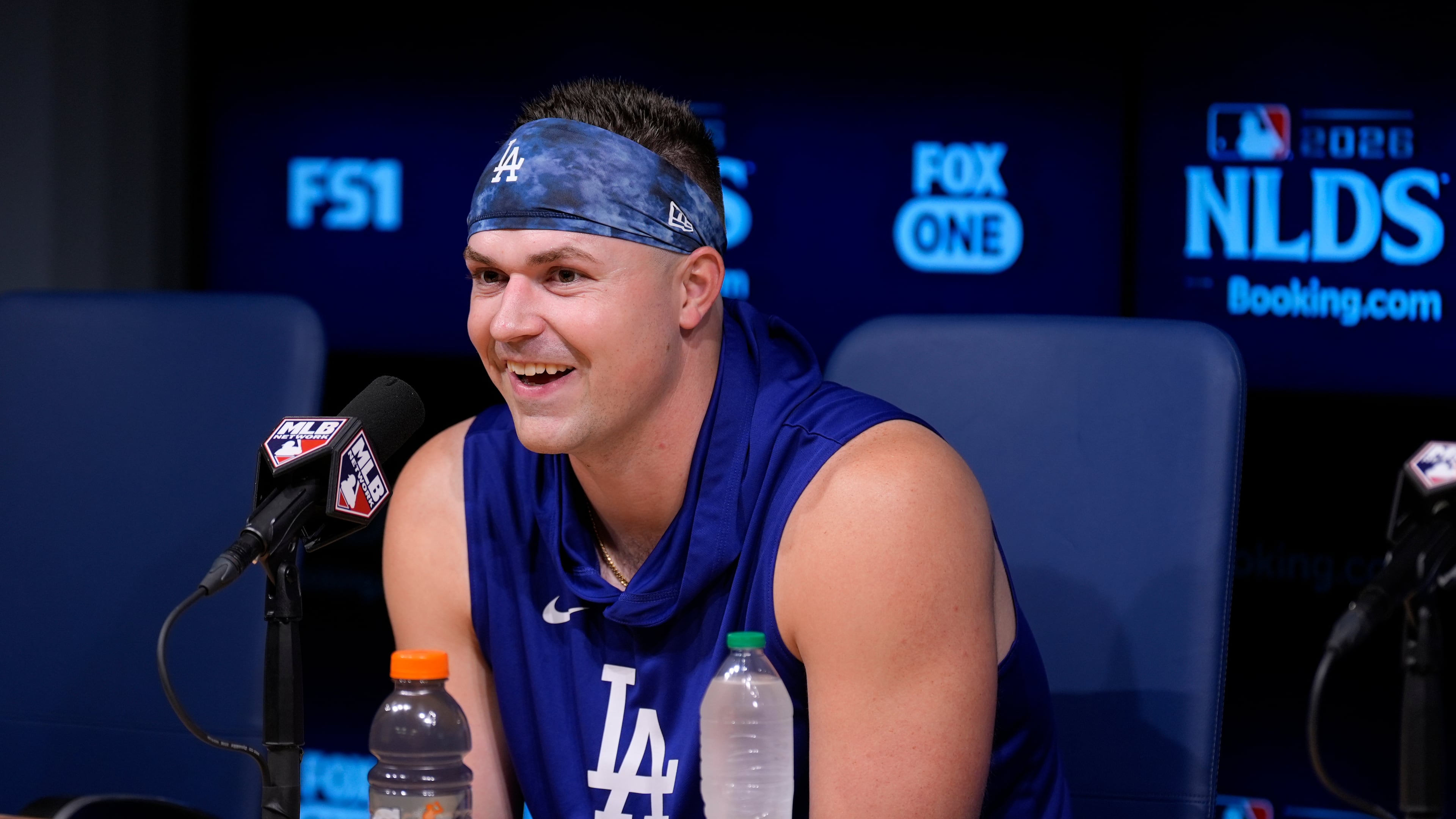 Los Angeles Dodgers pitcher Tarik Skubal speaks during a news conference ahead of a baseball NL Division Series Friday, Oct. 2, 2026, in Los Angeles. (AP Photo/Mark J. Terrill)