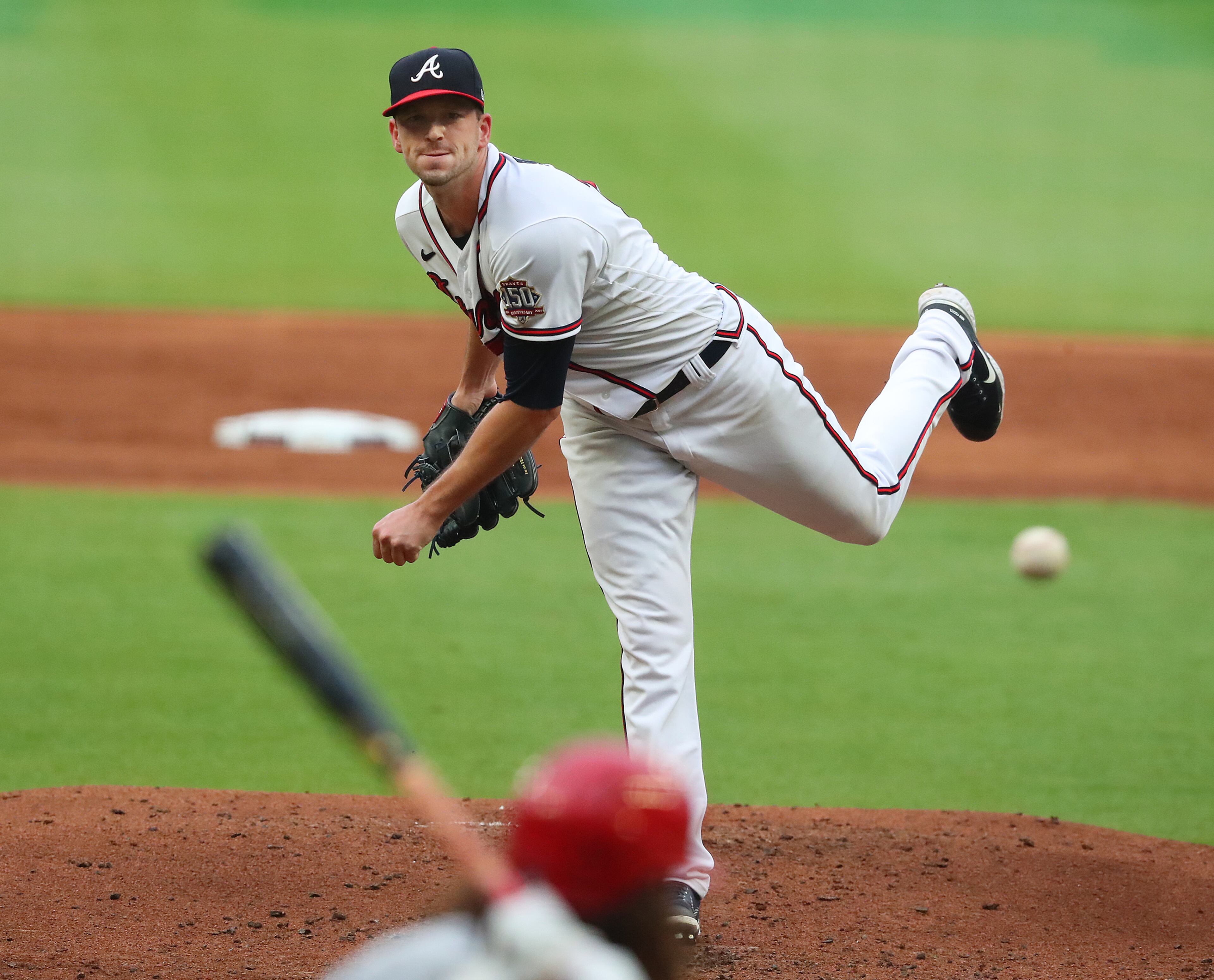 Braves starting pitcher Drew Smyly delivers against the Cincinnati Reds' Jonathan India, striking him out during the third inning of a MLB baseball game on Tuesday, August 10, 2021, in Atlanta. “Curtis Compton / Curtis.Compton@ajc.com”