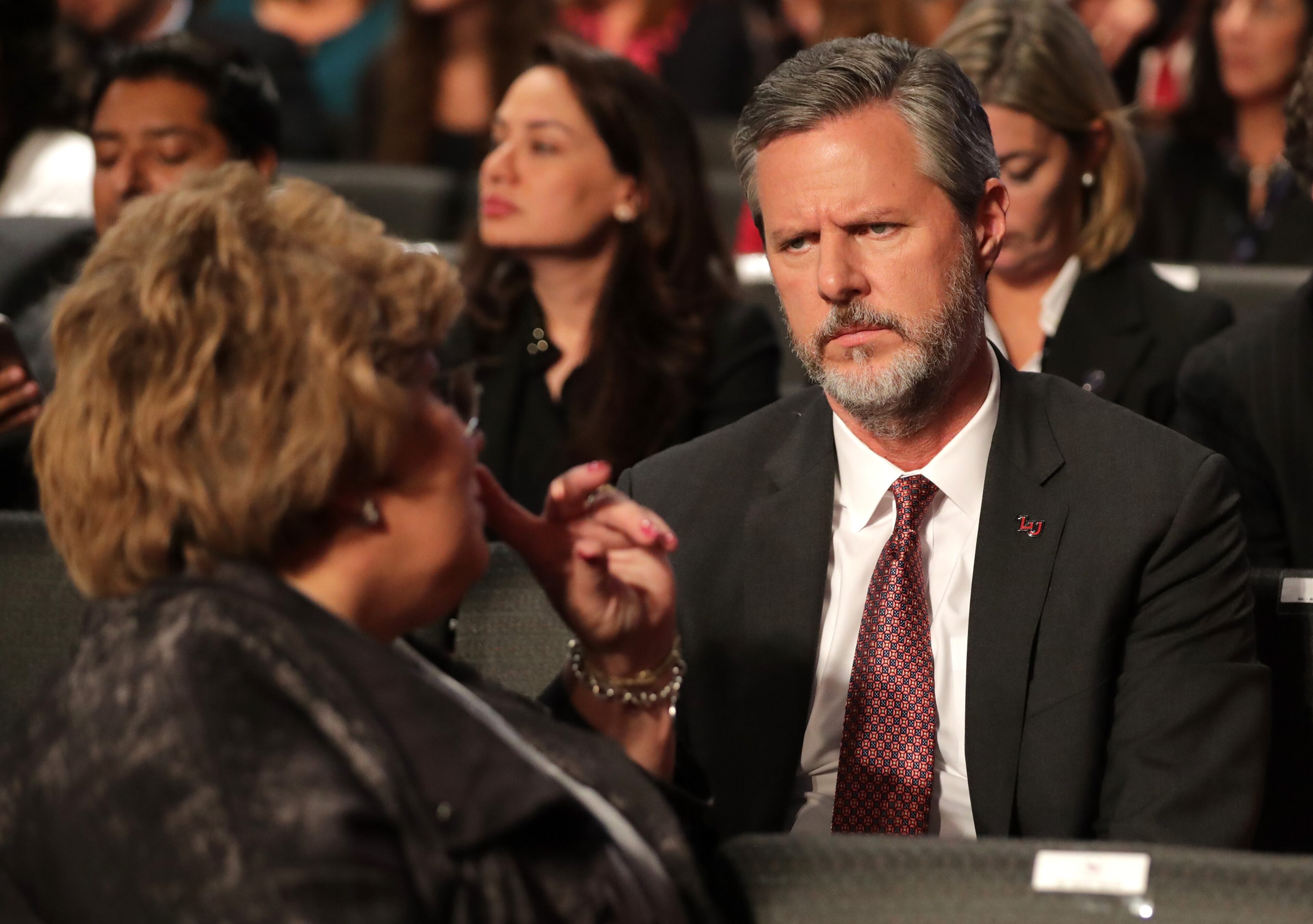 Jerry Falwell Jr. attends the vice presidential debate between Democratic nominee Tim Kaine and Republican nominee Mike Pence at Longwood University on Oct. 4, 2016 in Farmville, Virginia. This is the second of four debates during the presidential election season and the only debate between the vice presidential candidates. (Photo by Chip Somodevilla/Getty Images)