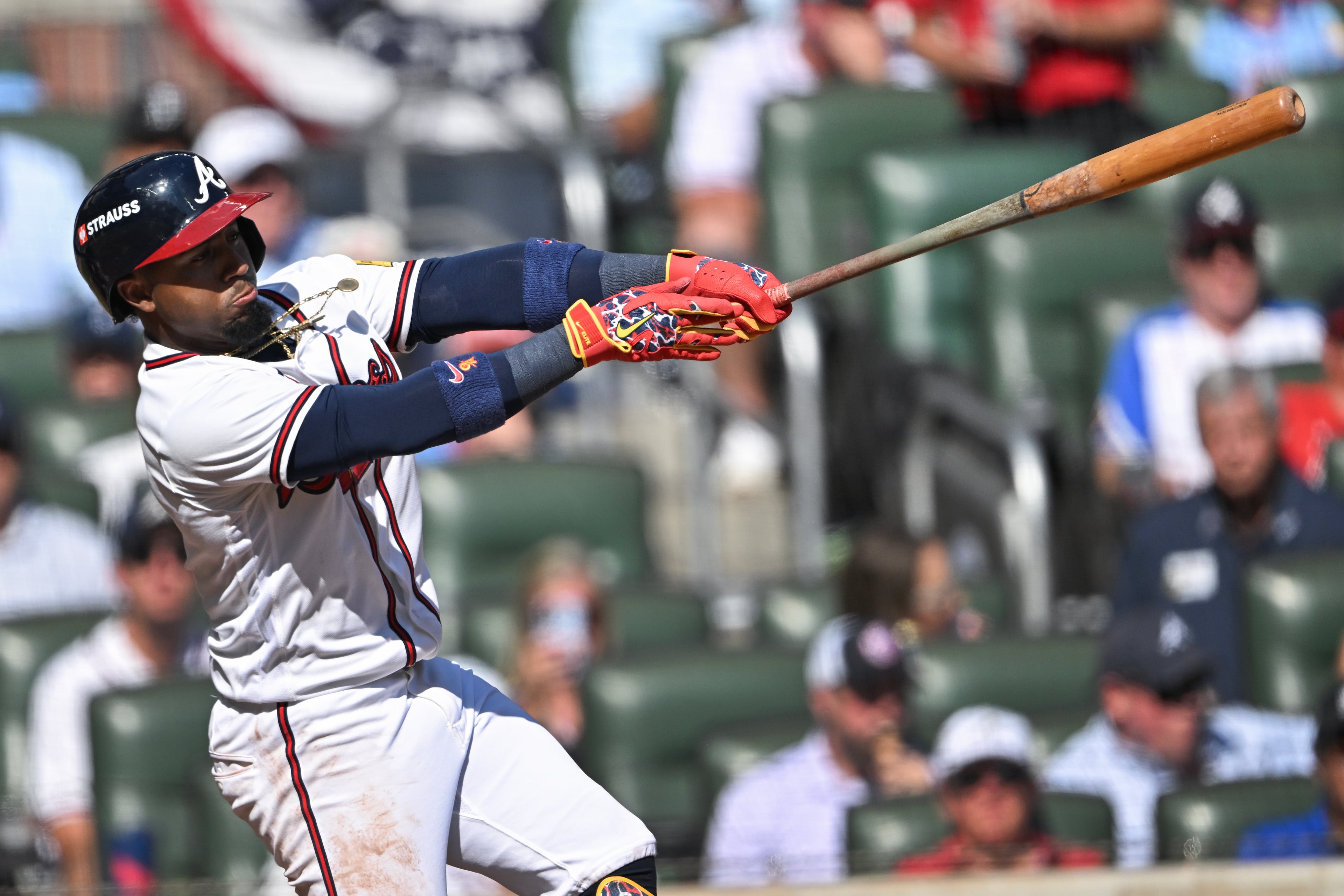 Braves second baseman Ozzie Albies hits a single against the Phillies during Game 2 of their NL Wild Card Series on Wednesday, Sept. 30, 2026, in Atlanta. (Hyosub Shin/AJC)