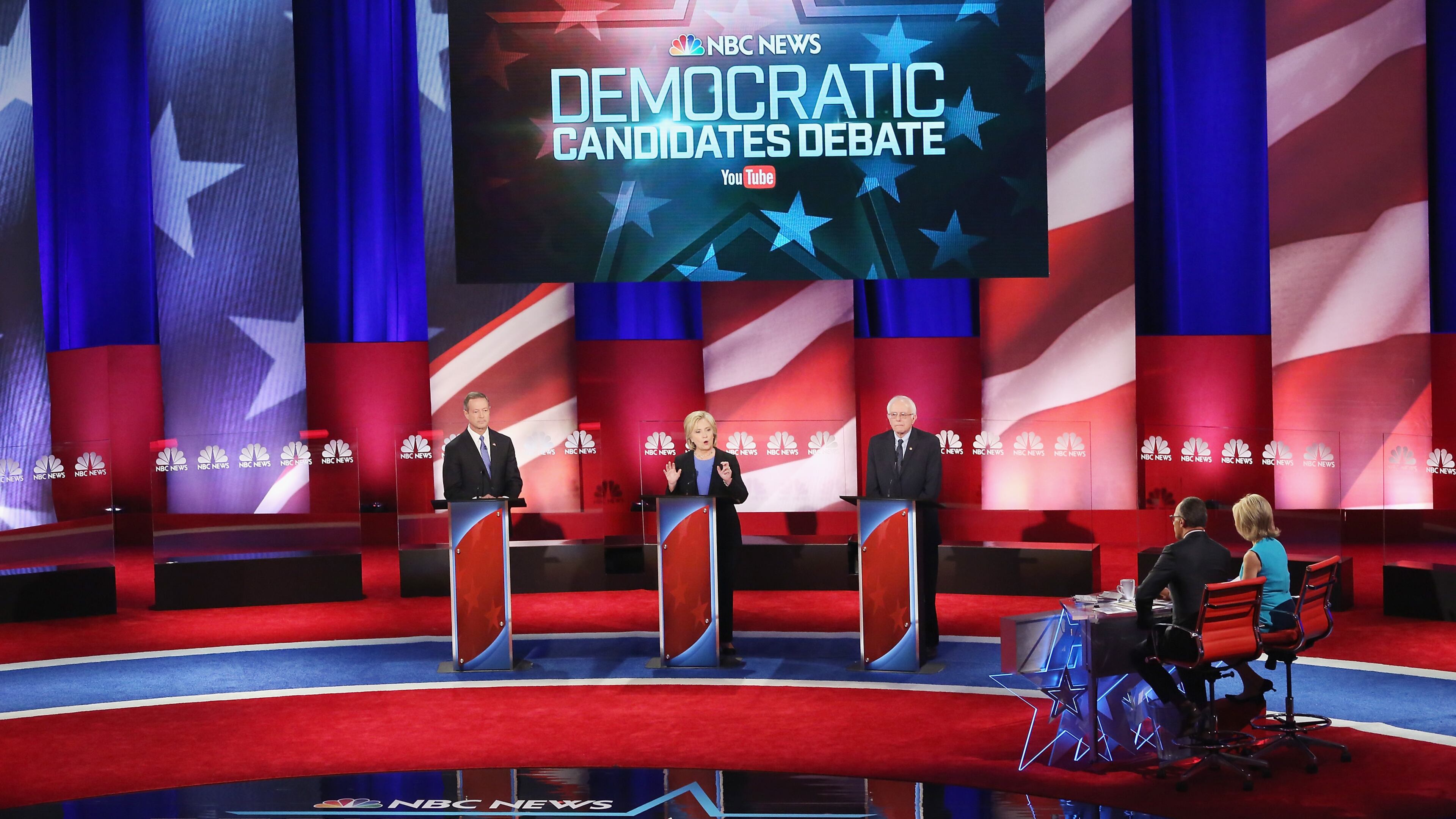 CHARLESTON, SC - JANUARY 17: Democratic presidential candidates Martin OMalley (L), Hillary Clinton (C) and Senator Bernie Sanders (I-VT) participate in the Democratic Candidates Debate hosted by NBC News and YouTube on January 17, 2016 in Charleston, South Carolina. This is the final debate for the Democratic candidates before the Iowa caucuses. (Photo by Andrew Burton/Getty Images)