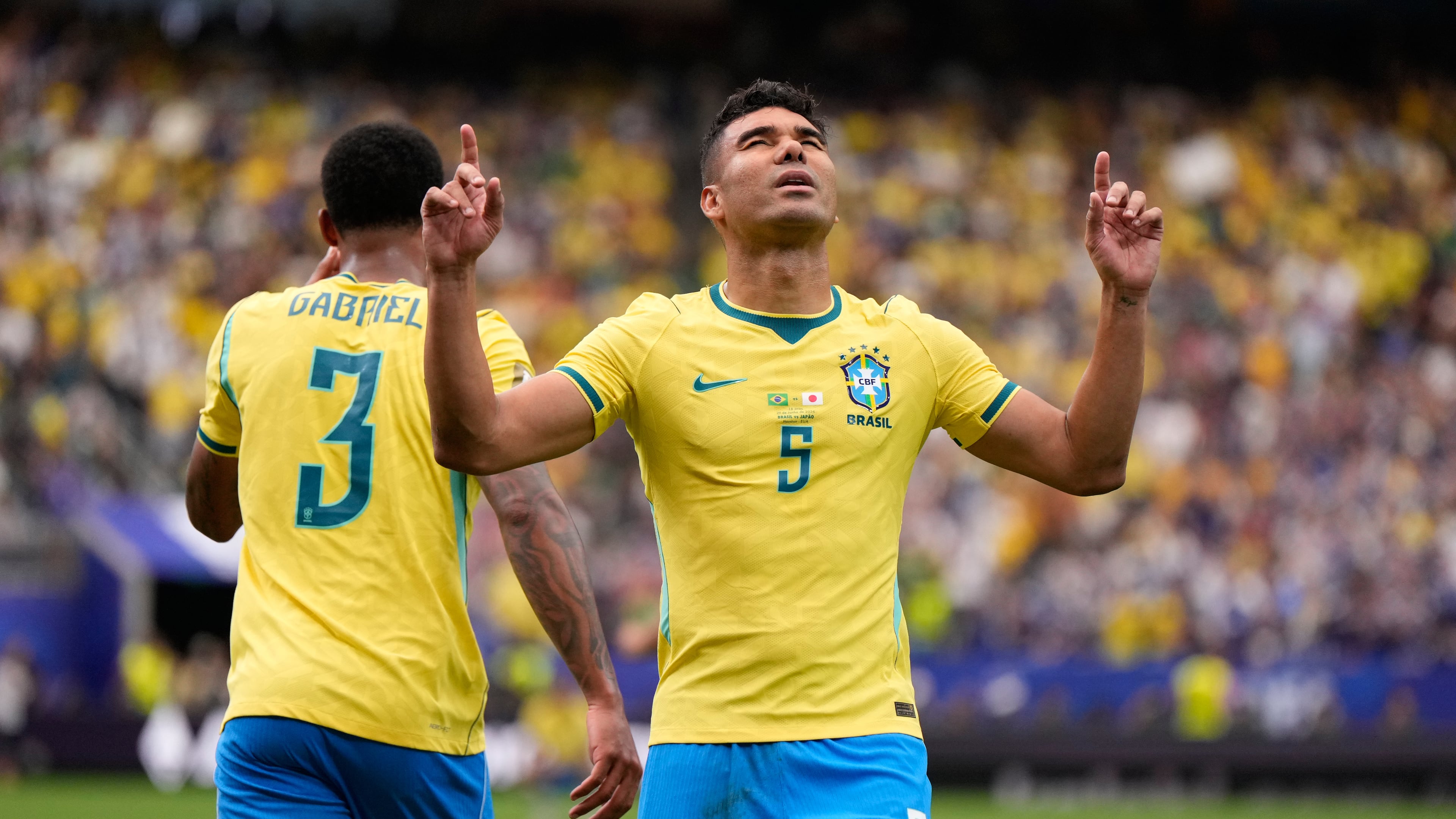 Brazil's Casemiro (5) celebrates after scoring his side's first goal during the World Cup round of 32 soccer match between Brazil and Japan in Houston, Monday, June 29, 2026. (AP Photo/Ashley Landis)