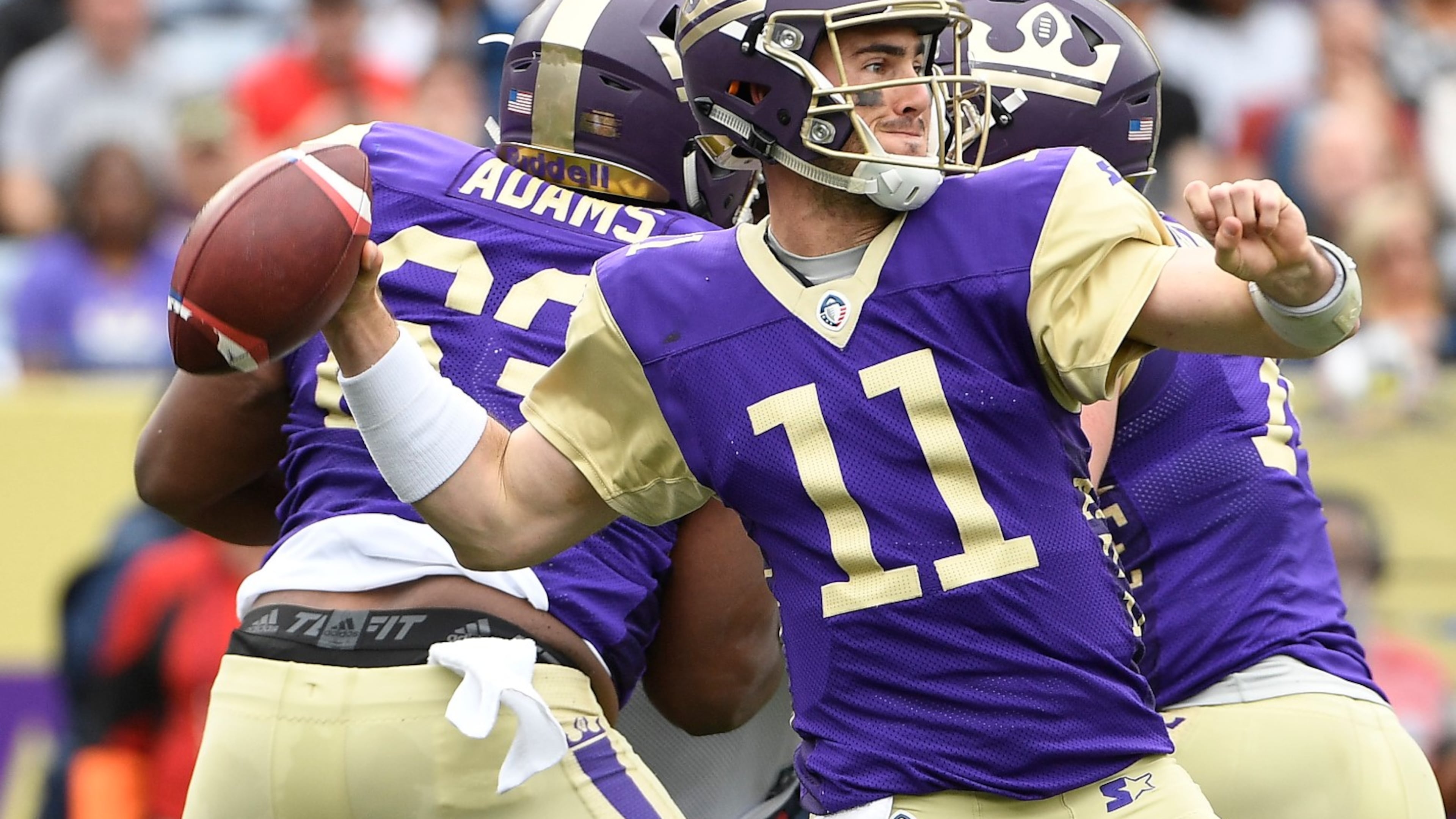 Atlanta Legends quarterback Aaron Murray looks to pass against the Memphis Express during the first quarter Sunday, March 10, 2019, at Georgia State Stadium in Atlanta.
