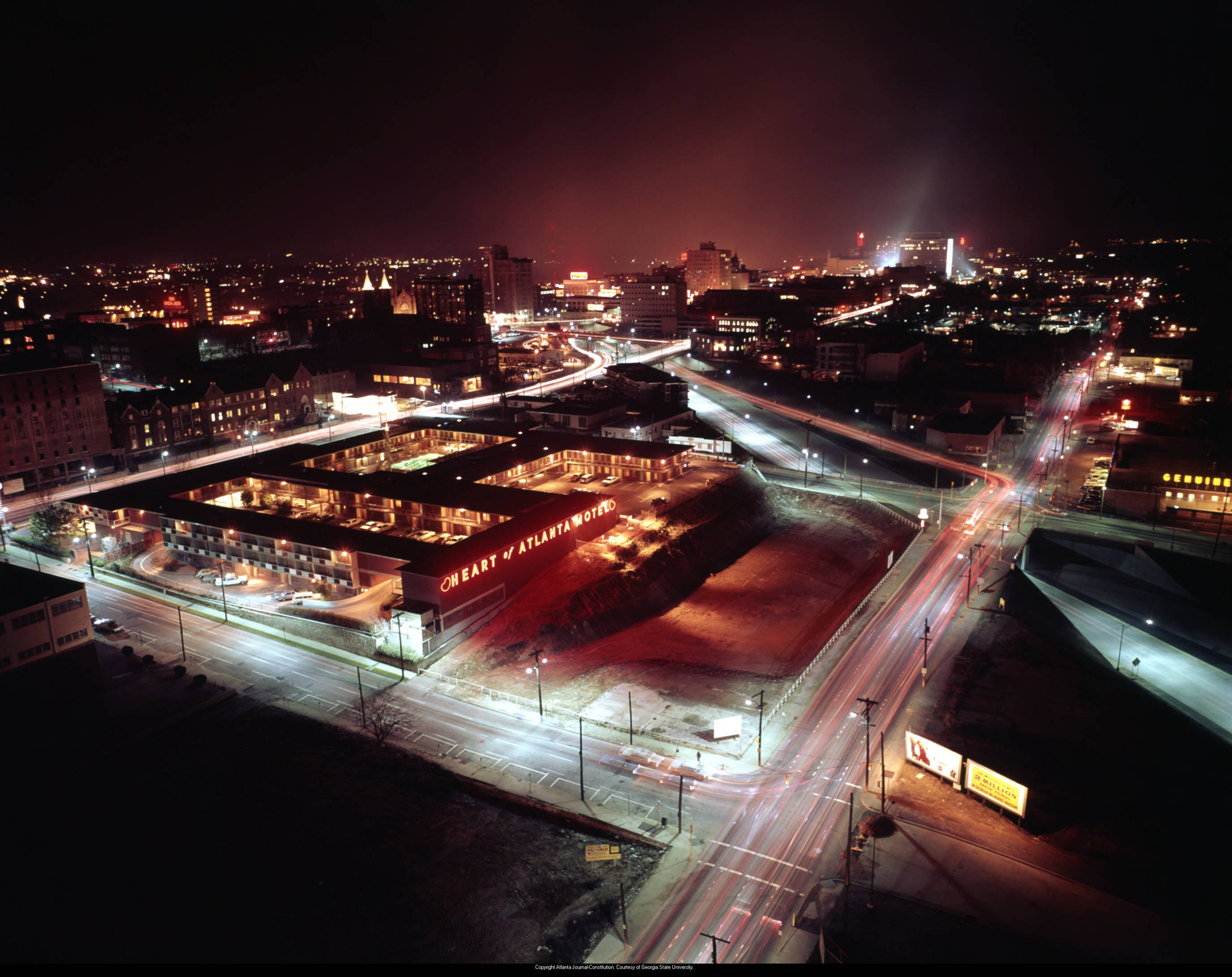 Night view aerial photo of the Heart of Atlanta Motel looking northwest, October 13, 1964.