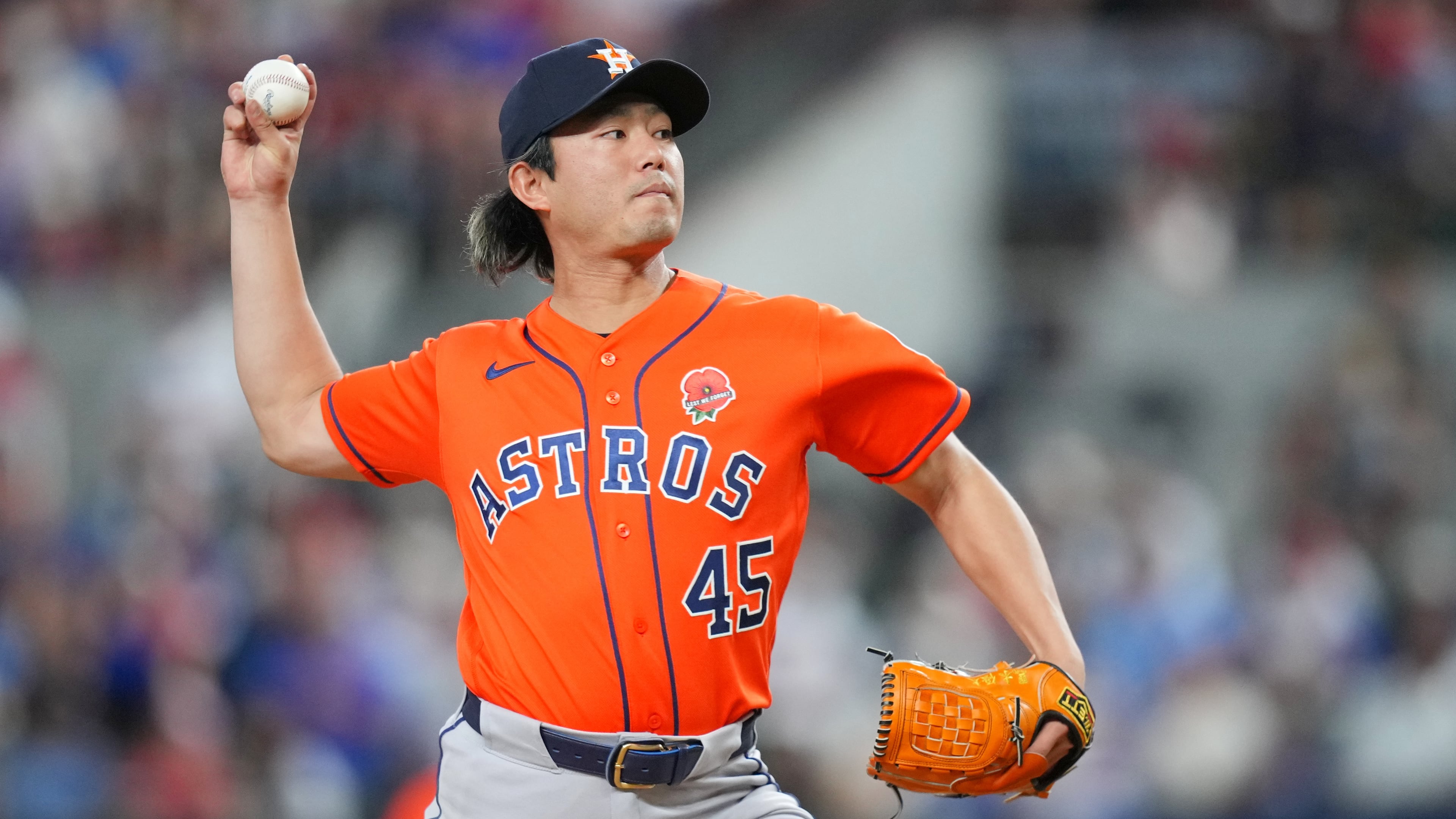 Houston Astros starting pitcher Tatsuya Imai throws to the Texas Rangers during the first inning of a baseball game Monday, May 25, 2026, in Arlington, Texas. (AP Photo/Julio Cortez)