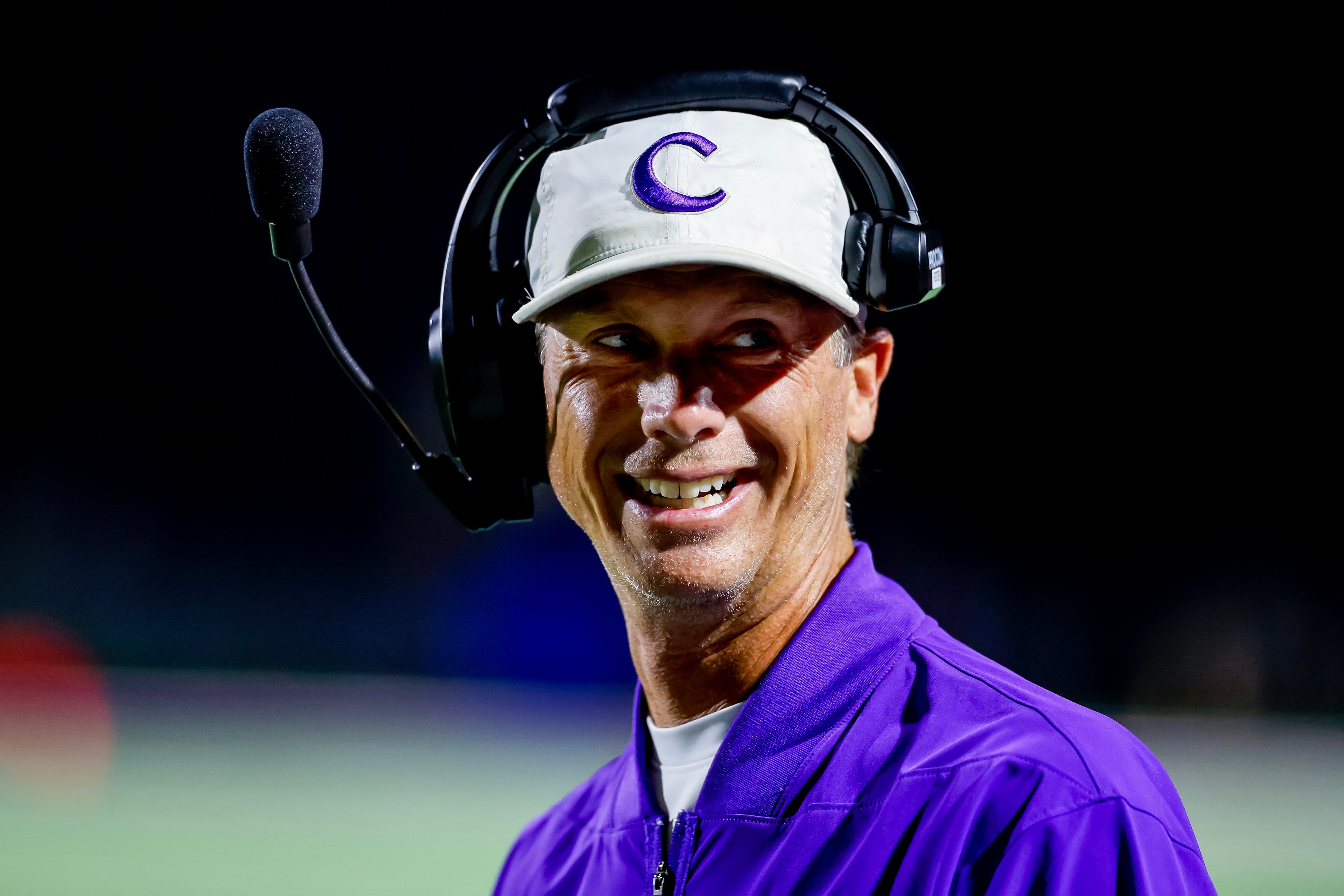 Cartersville coach Conor Foster smiles as his team takes on Hiram on Friday, Aug. 21, 2026, in Hiram. (Erik S. Lesser for the AJC)