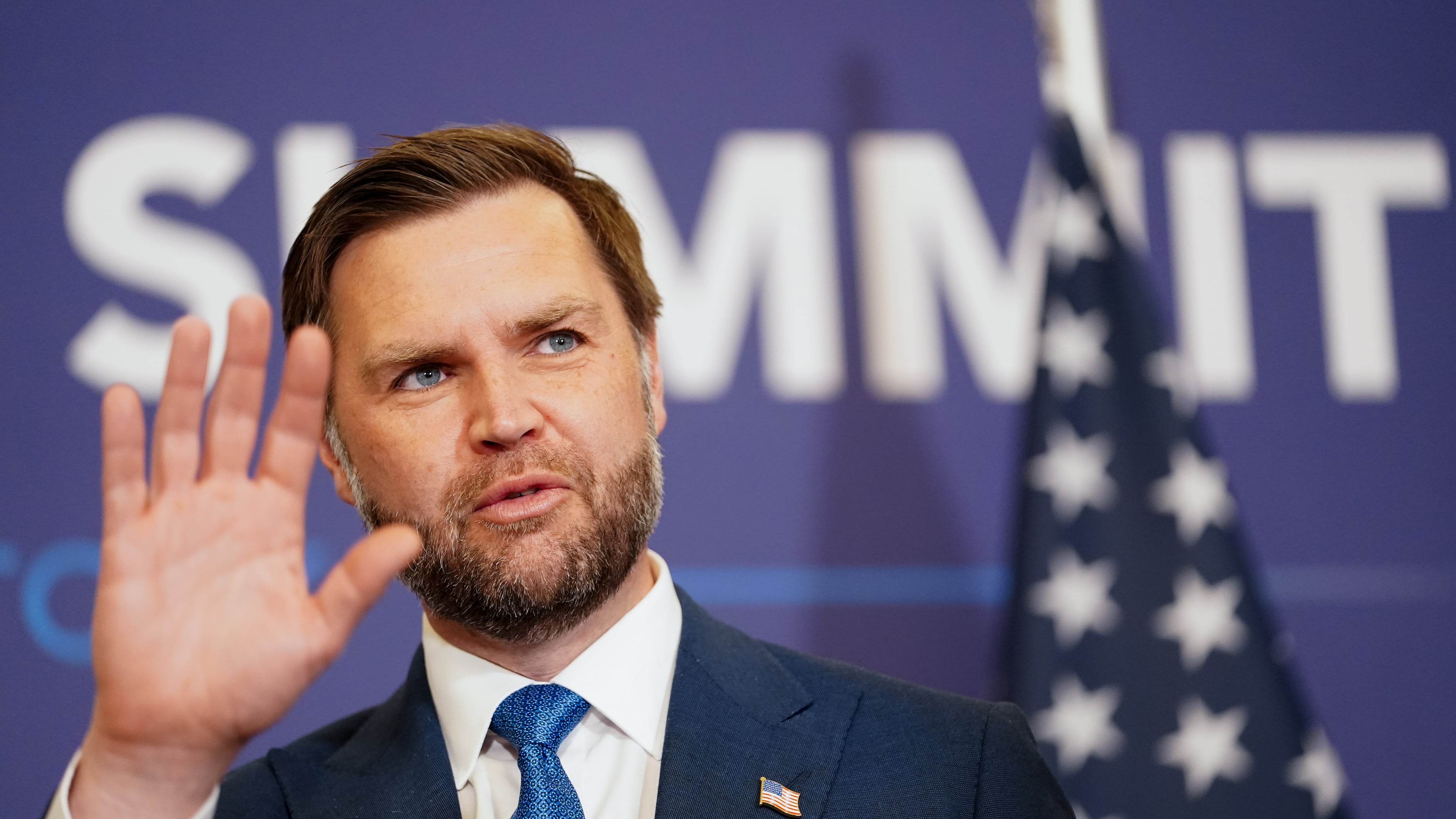 U.S. Vice President JD Vance, gestures as he meets with Pakistan's Prime Minister Shehbaz Sharif, during high-level talks aimed at advancing a deal to end the Middle East conflict, at the Bürgenstock Resort in Obbuergen, near Lucerne, in Switzerland, Sunday, June 21, 2026. (Nathan Howard/Pool Photo via AP)