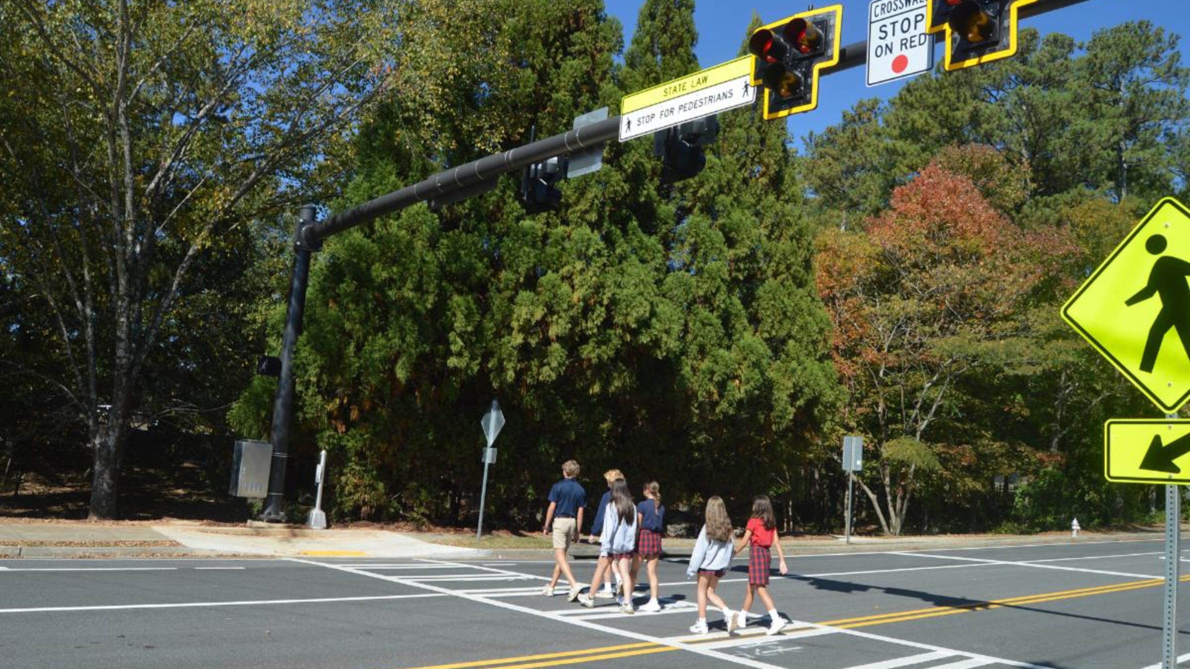 A new High-Intensity Activated CrossWalK (HAWK) light has been installed on Brumbelow Road between Newtown Park and the Mount Pisgah Christian School Patriot Athletic Campus in Johns Creek. (Courtesy City of Johns Creek)