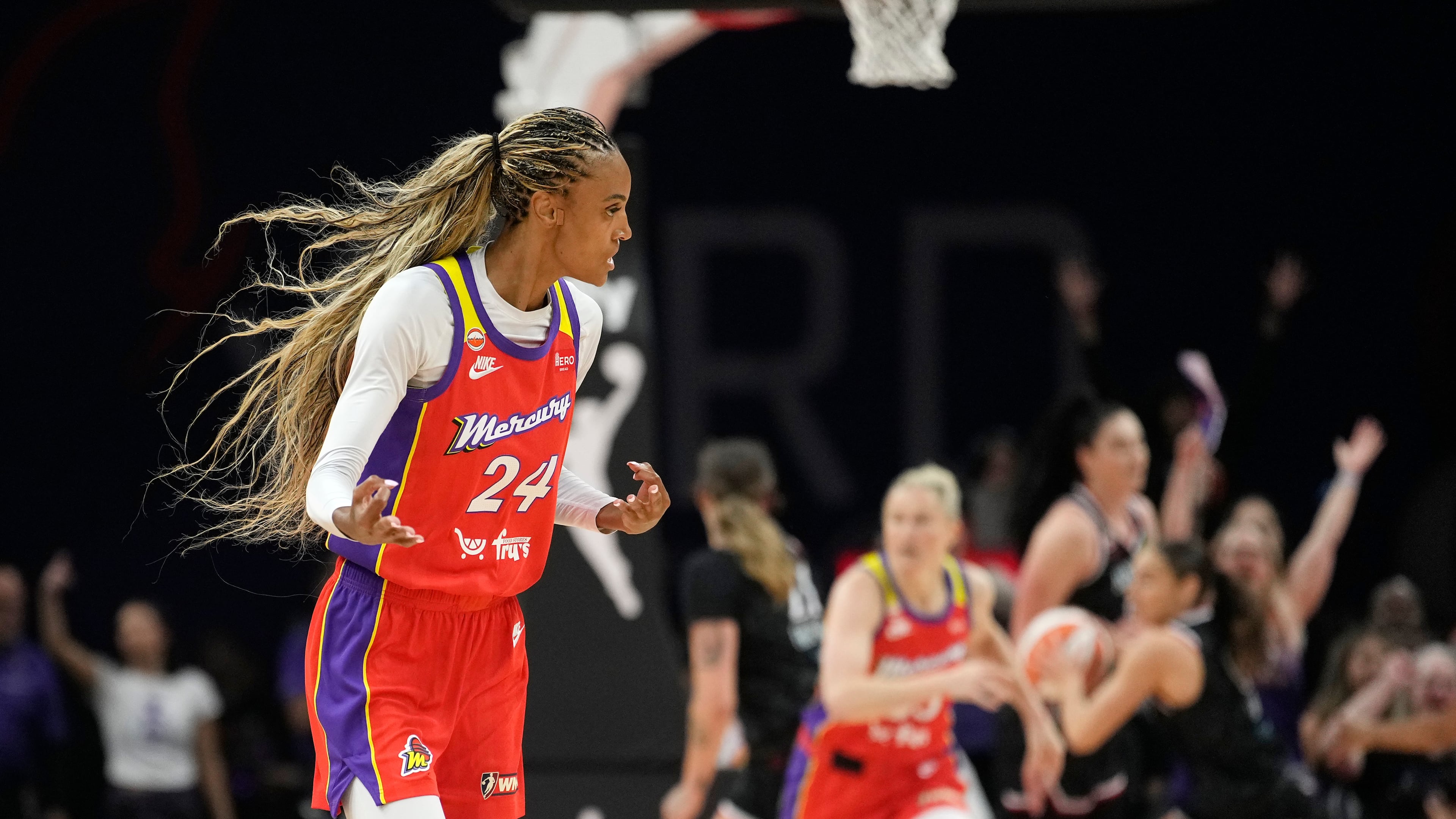 New Atlanta Dream forward-guard DeWanna Bonner is pictured celebrating a 3-pointer for her previous team, the Phoenix Mercury, against the Portland Fire on Sunday, Aug. 16, 2026 in Phoenix. (Ross D. Franklin/AP)