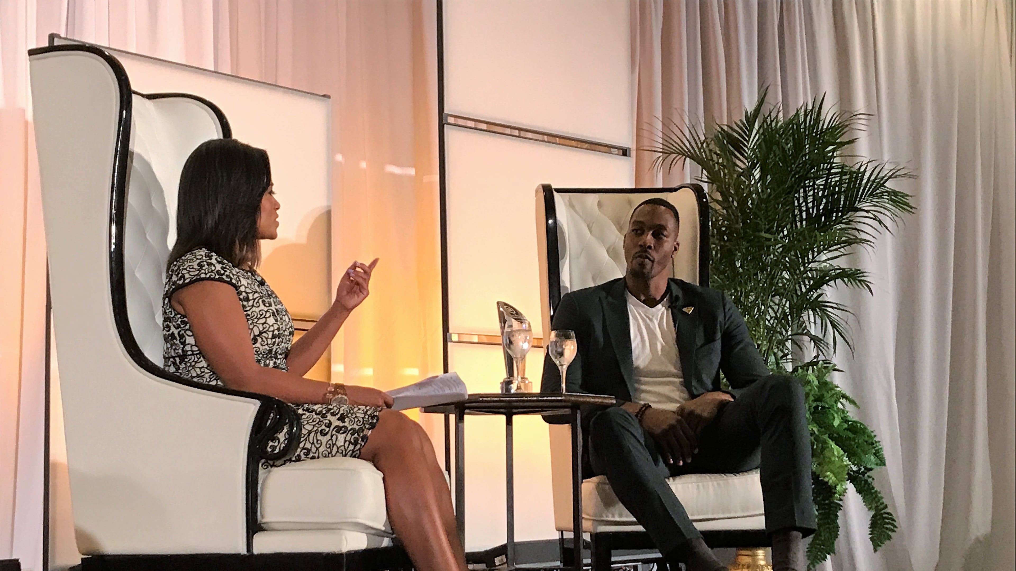Dwight Howard speaks with 11 Alive’s Shiba Russell about receiving the Spirit of the League Champion award from the Urban League of Greater Atlanta at the Ritz-Carlton Hotel on Friday.