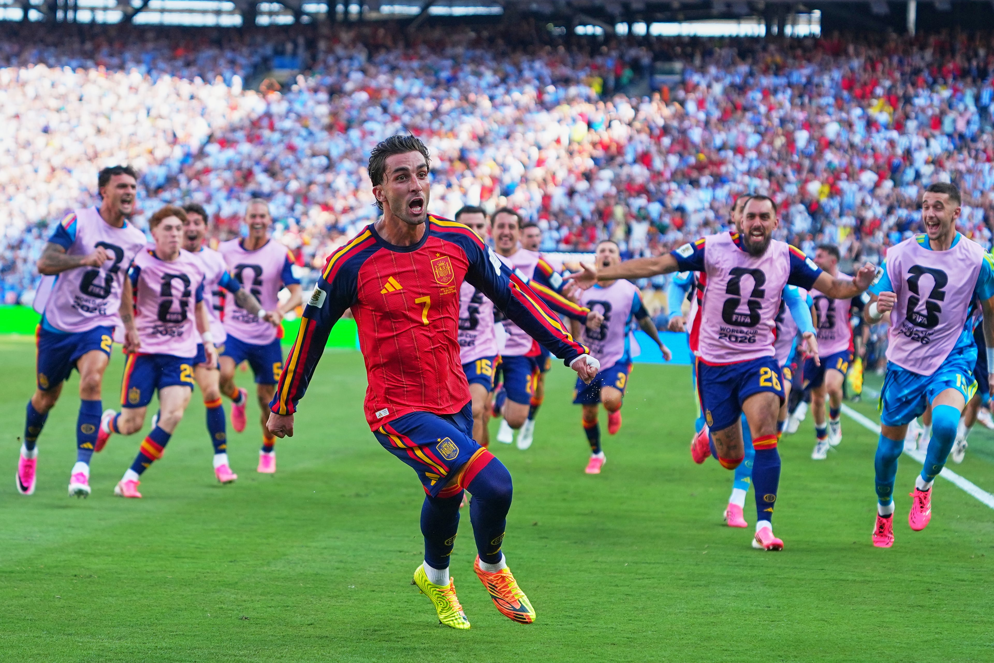 Spain's Ferran Torres celebrates scoring the team's first and only goal during the World Cup final match against Argentina on July 19, 2026. (Julio Cortez/AP)