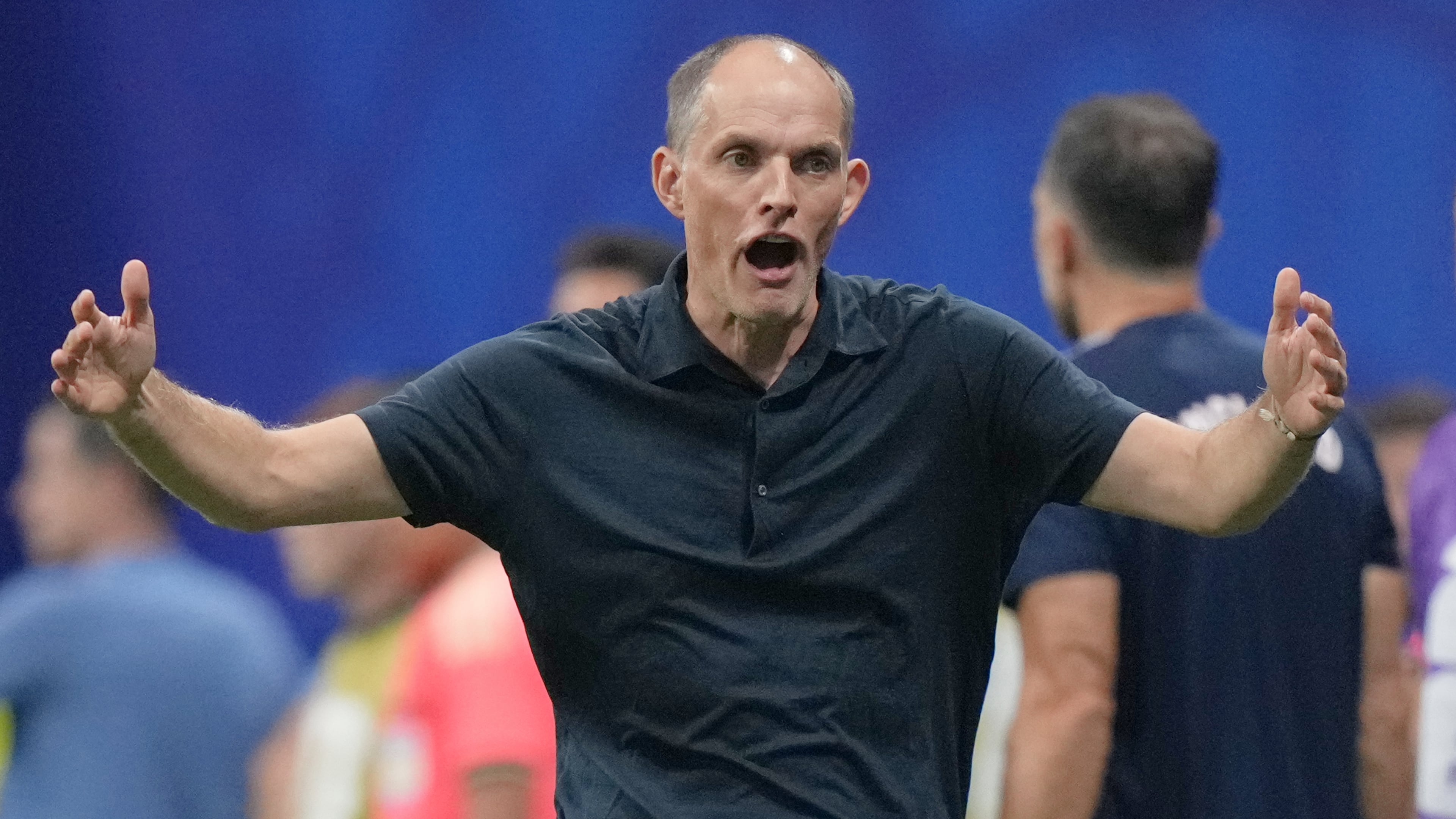 England head coach Thomas Tuchel reacts on the touchline during the World Cup semifinal soccer match between England and Argentina in Atlanta, Wednesday, July 15, 2026. (AP Photo/Stephanie Scarbrough)
