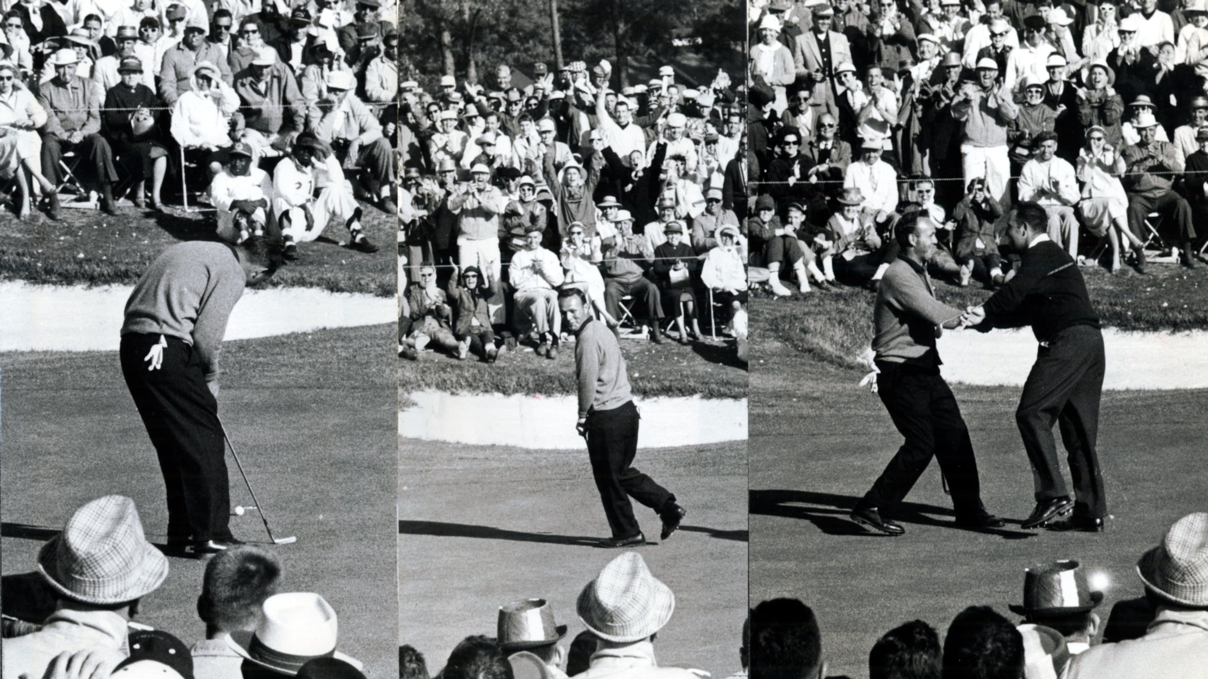 Arnold Palmer putting for birdie on No. 18 in 1960. After sinking the putt he walks away and is congratulated by Billy Casper.
