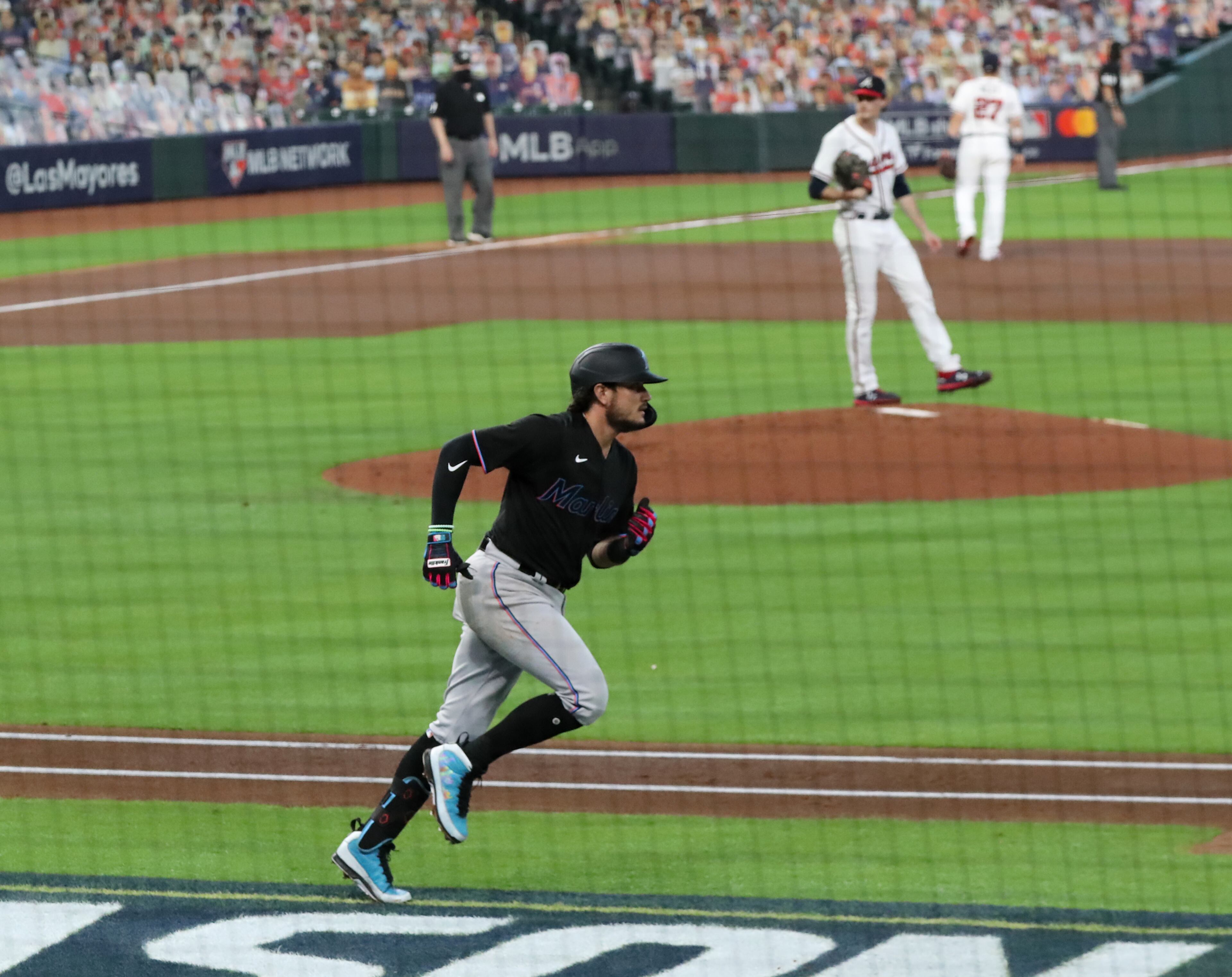 Braves starting pitch Max Fried reacts to giving up a solo homer to Miami Marlins Miguel Rojas to tie the game 1-1 during the second inning in Game 1 of a National League Division Series at Minute Maid Park on Tuesday, Oct 6, 2020 in Houston. “Curtis Compton / Curtis.Compton@ajc.com”