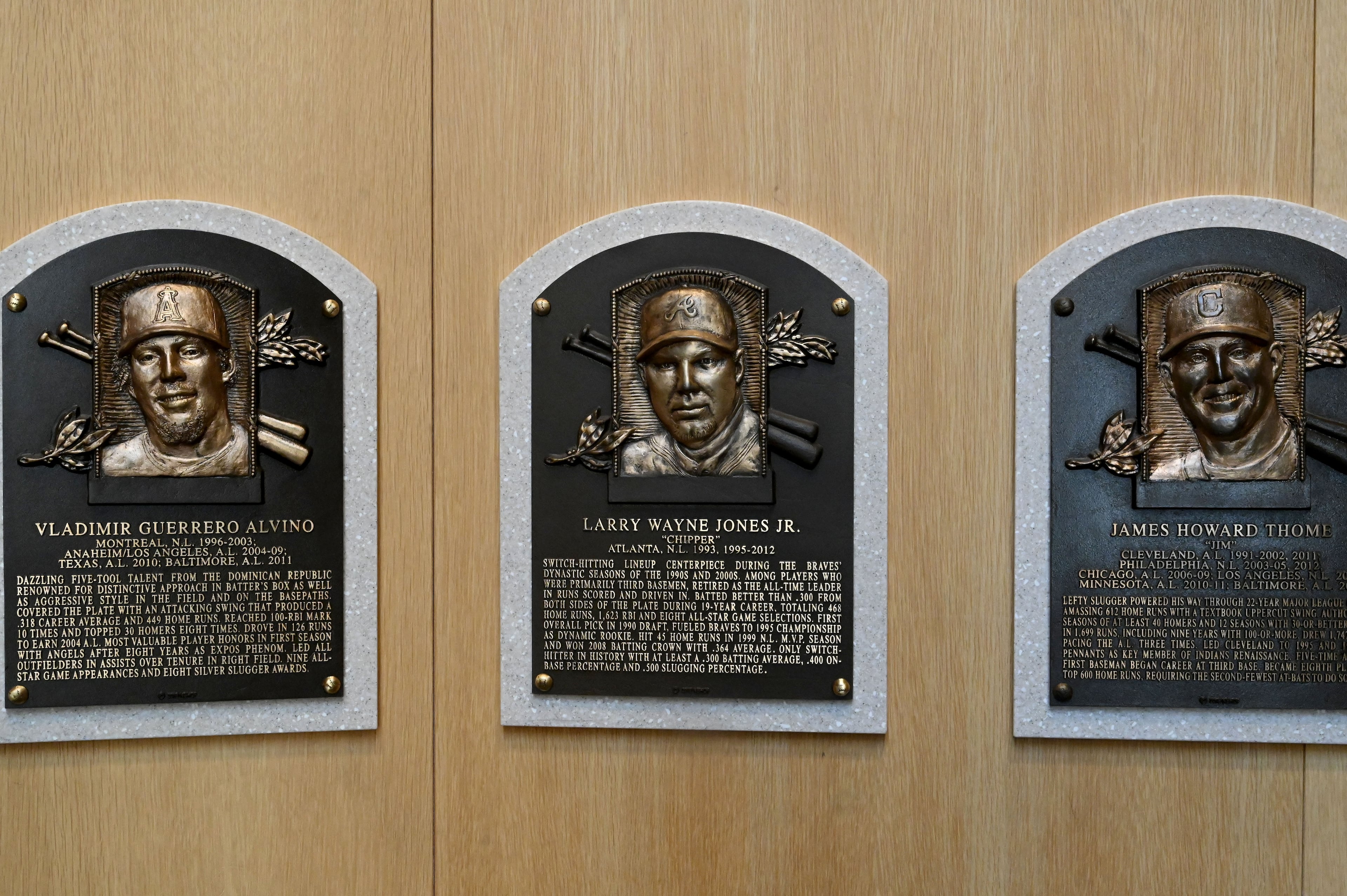 Atlanta Braves legend Chipper Jones' Hall of Fame plaque, center, is displayed at the National Baseball Hall of Fame and Museum on Friday, July 24, 2026, in Cooperstown, N.Y. Andruw Jones will be inducted into the National Baseball Hall of Fame on Sunday as part of the Class of 2026, alongside Carlos Beltrán and Jeff Kent. He is recognized as one of the greatest center fielders in baseball history. Jones will become the 12th player with ties to the Atlanta Braves to be inducted into the Hall of Fame. (Hyosub Shin/AJC)