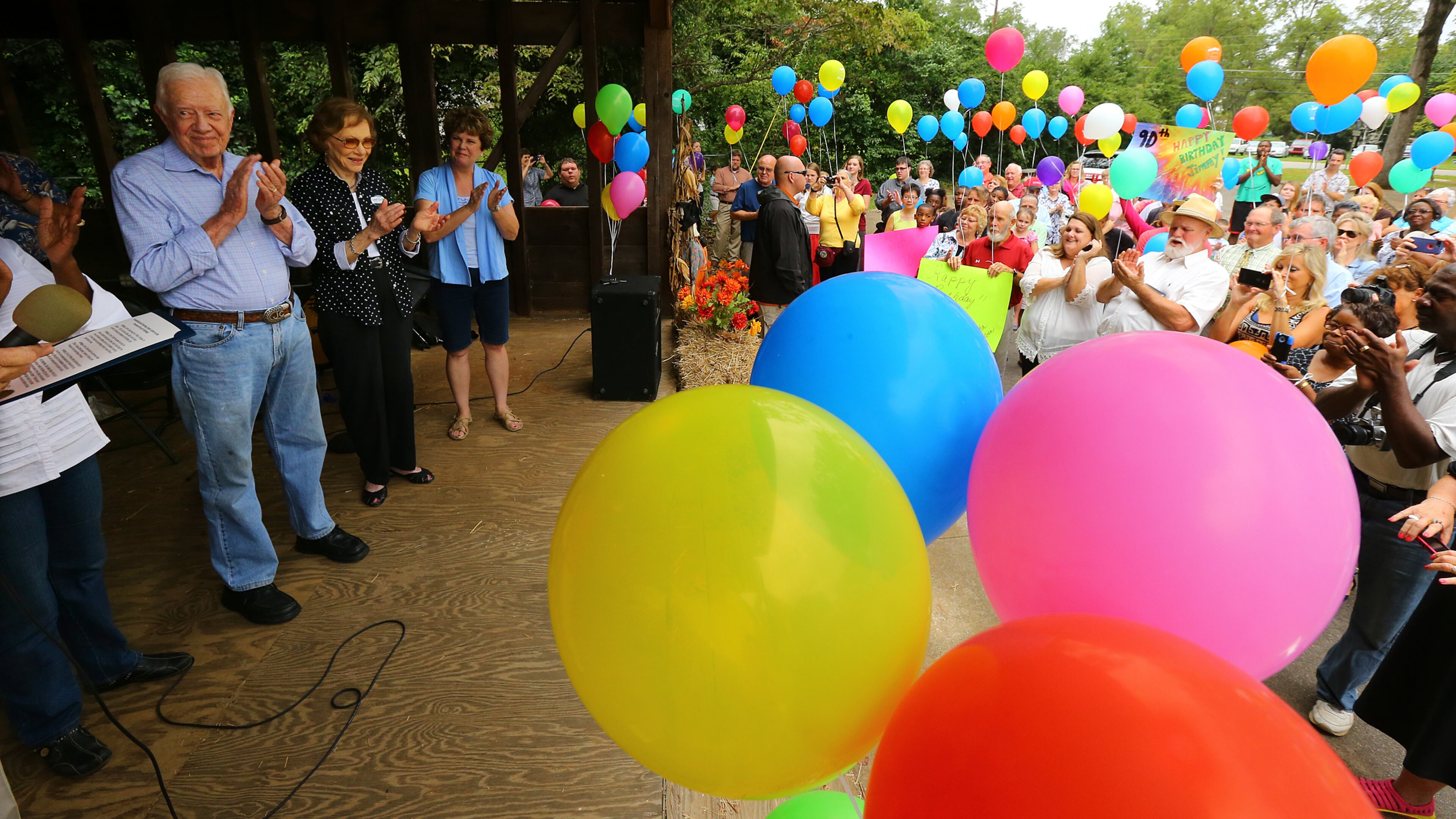 Jimmy Carter and Former First Lady Rosalynn Carter applaud during the former president’s 90th birthday celebration in Plains in 2014. There’s no such party planned in the little Southwest Georgia town for Carter’s 92nd birthday on Saturday, but there are several other events where the public can celebrate his big day.CURTIS COMPTON / CCOMPTON@AJC.COM