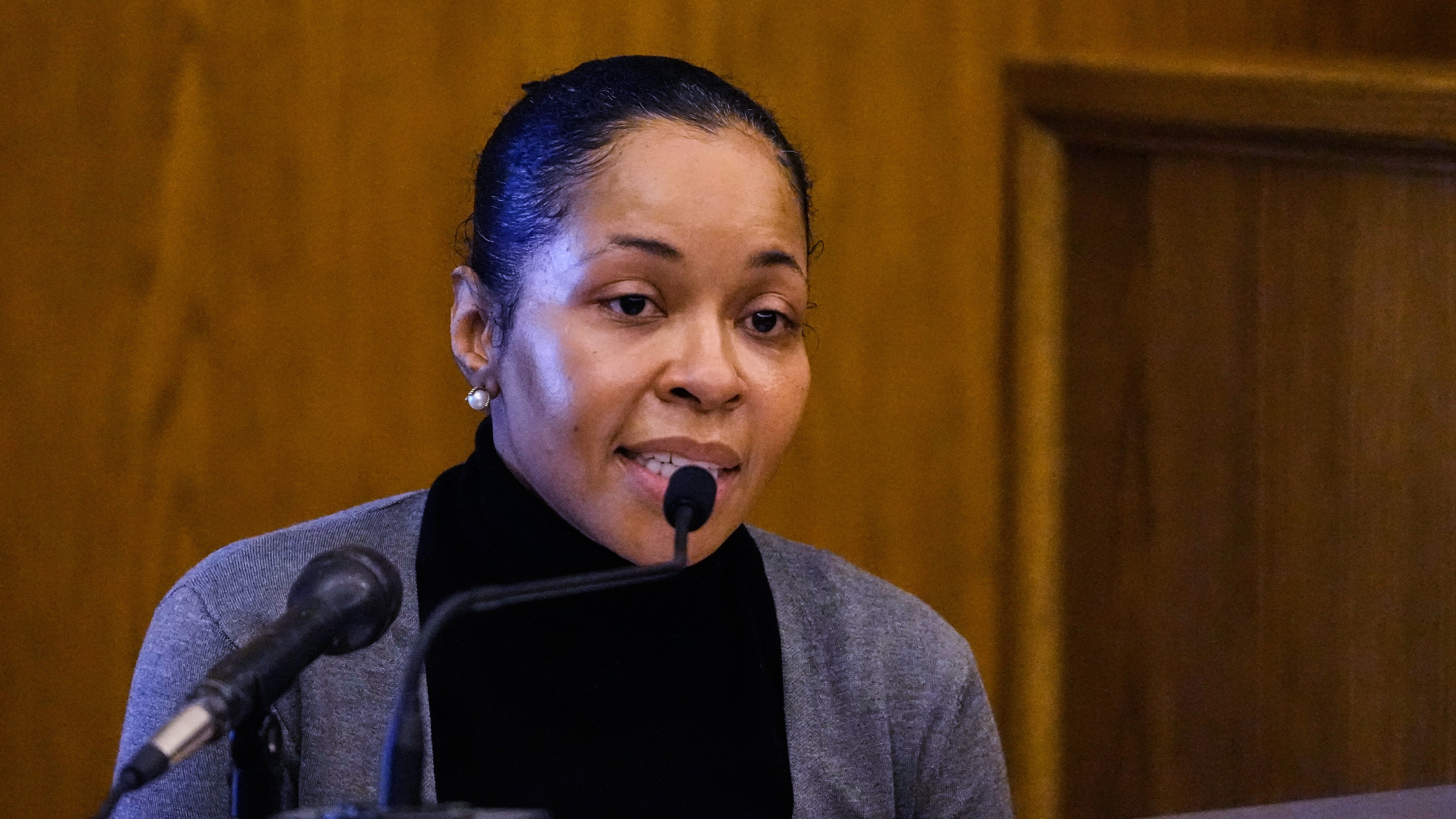 Witness Jamila Adams testifies during the trial of former New England Patriots wide receiver Stefon Diggs at Norfolk County District Court, Tuesday, May 5, 2026, in Dedham, Mass. (AP Photo/Charles Krupa, Pool)