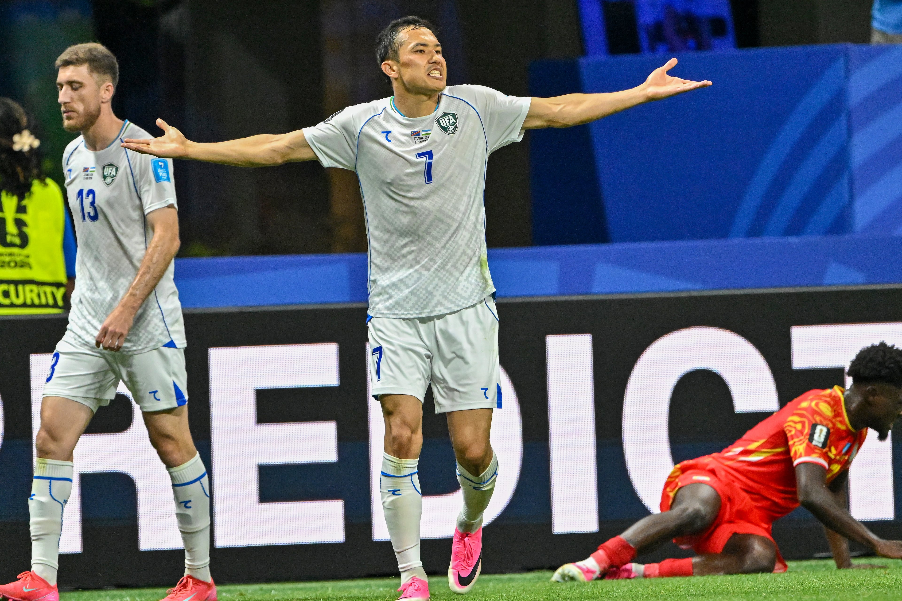 Uzbekistan midfielder Otabek Shukurov reacts against Congo during the second half of a FIFA World Cup match at Atlanta Stadium (Mercedes-Benz Stadium) on Saturday, June 27, 2026, in Atlanta. (Hyosub Shin/AJC)