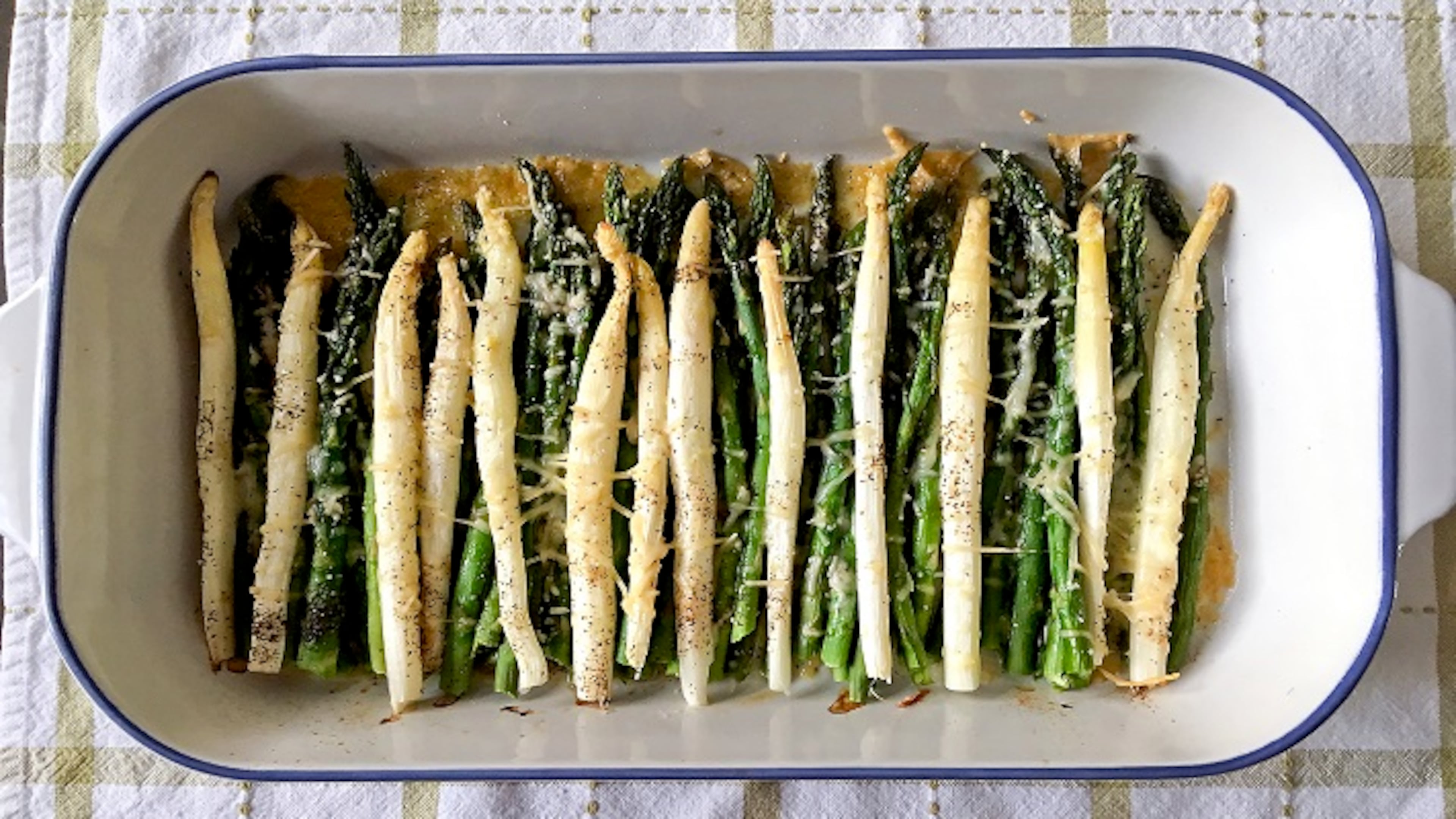 Roasted white and green asparagus with parmesan and romano. (Karen Kane/PIttsburgh Post-Gazette/TNS)