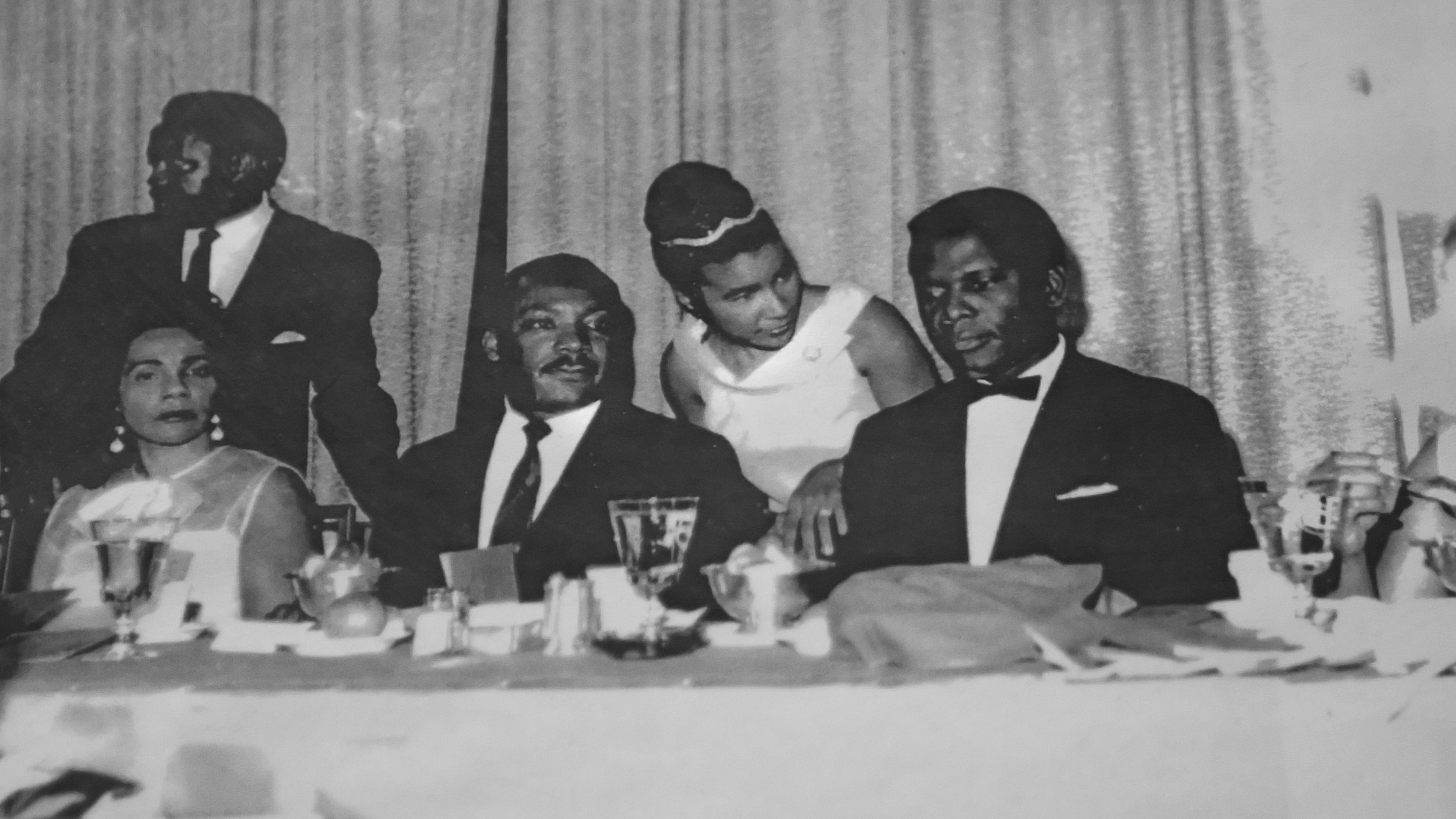 Xernona Clayton (center) with Coretta Scott King, Martin Luther King Jr. and Sydney Poitier. (This is a copy of a photo courtesy of Xernona Clayton.)