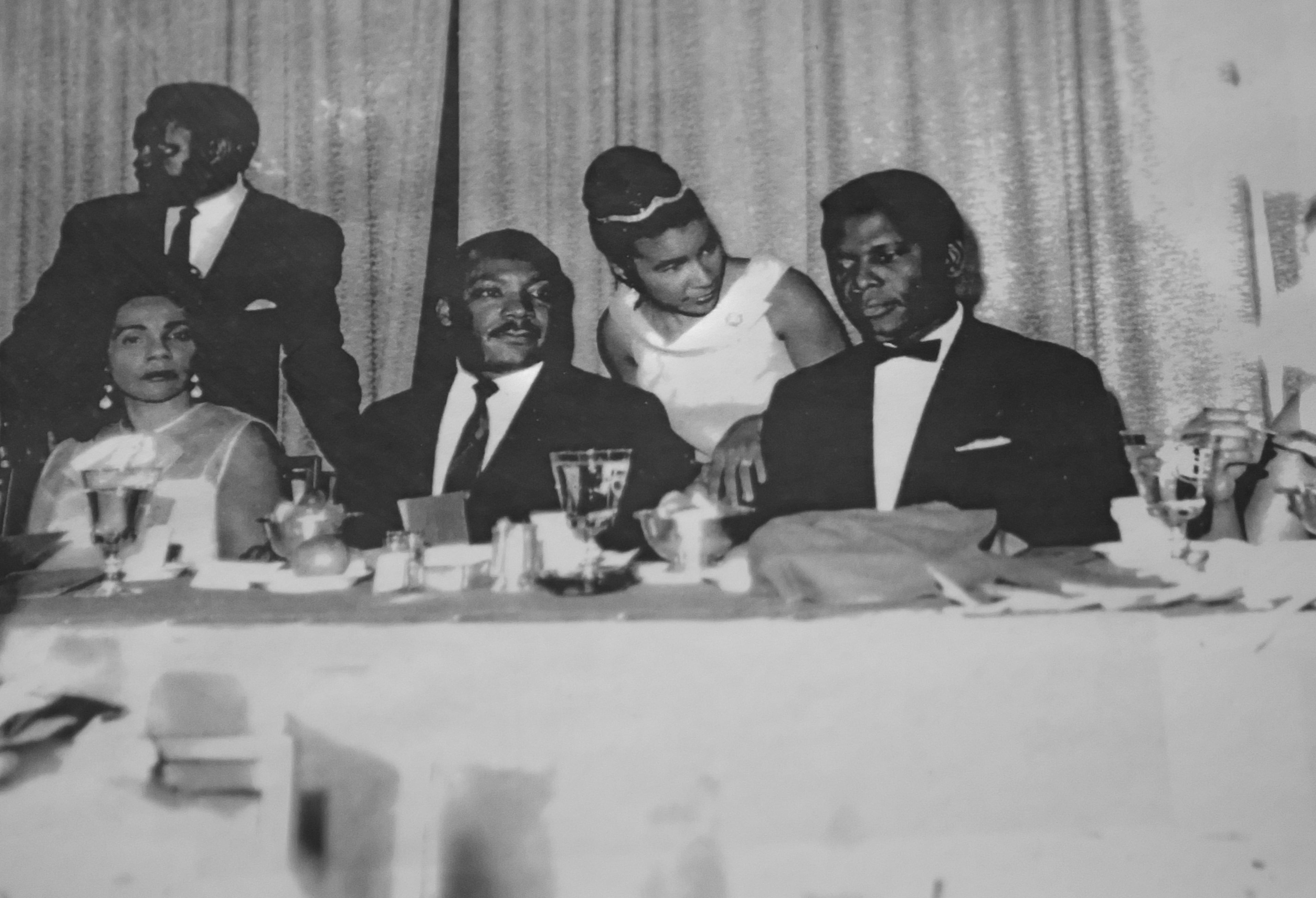 Xernona Clayton (center) with Coretta Scott King, Martin Luther King Jr. and Sidney Poitier. (This is a copy of a photo courtesy of Xernona Clayton.)